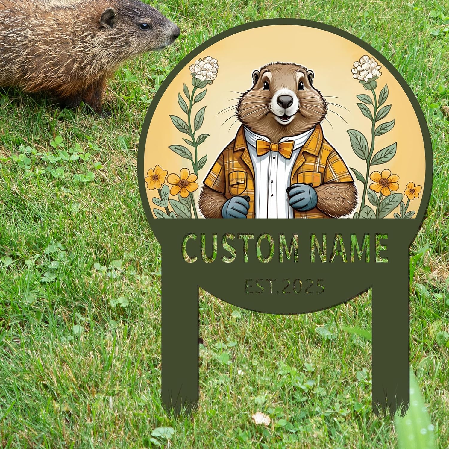 Custom Garden Sign, Personalized Groundhog Garden Stake Metal Sign, Customized Name Sign Groundhog Day Outdoor Decor, Funny Yard Signs Groundhog Decorations, Garden Gifts for Mother's Day
