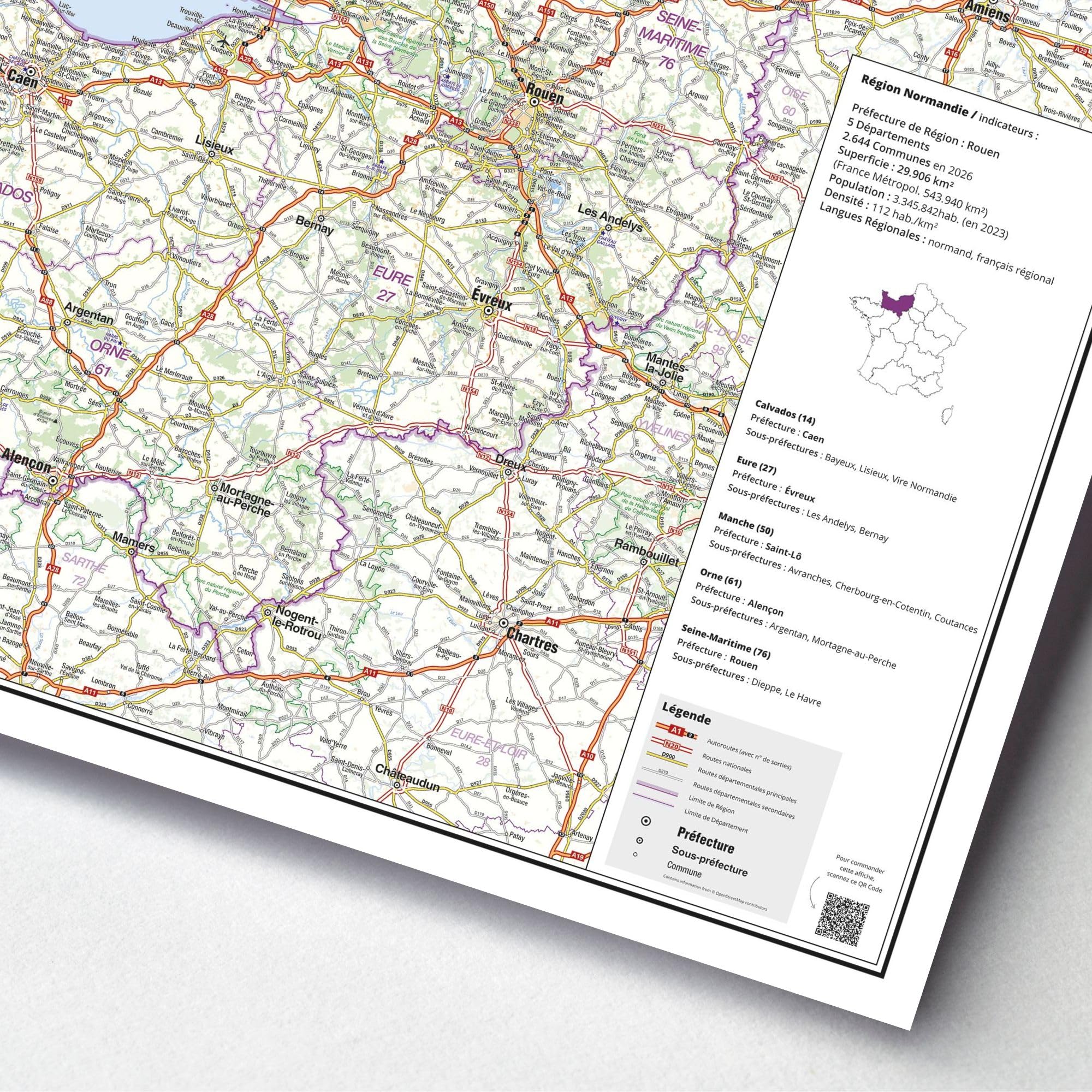 Carte routière de la région Normandie - Poster plastifié 100x70 cm - Édition 2026