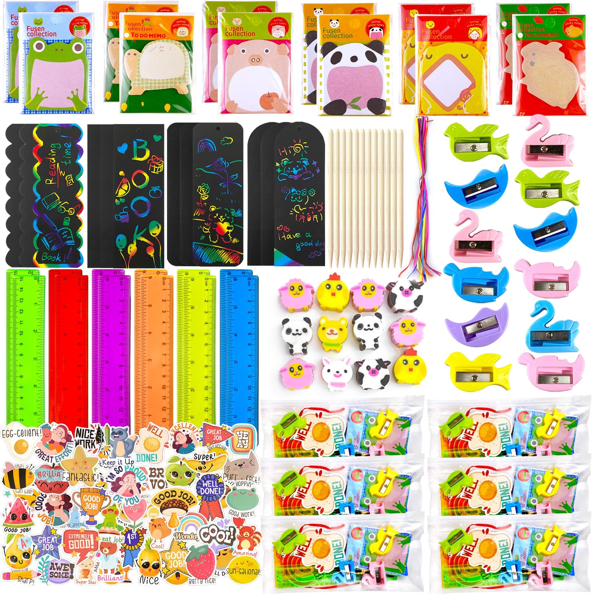 XIPEGPA 122 PCS Stationery Party Favors Set Stationery Party Supplies with Erasers Rulers Sticky Notes Pencil Sharpeners Stickers for Birthday Party Goodie Bags School Classroom Rewards Prizes
