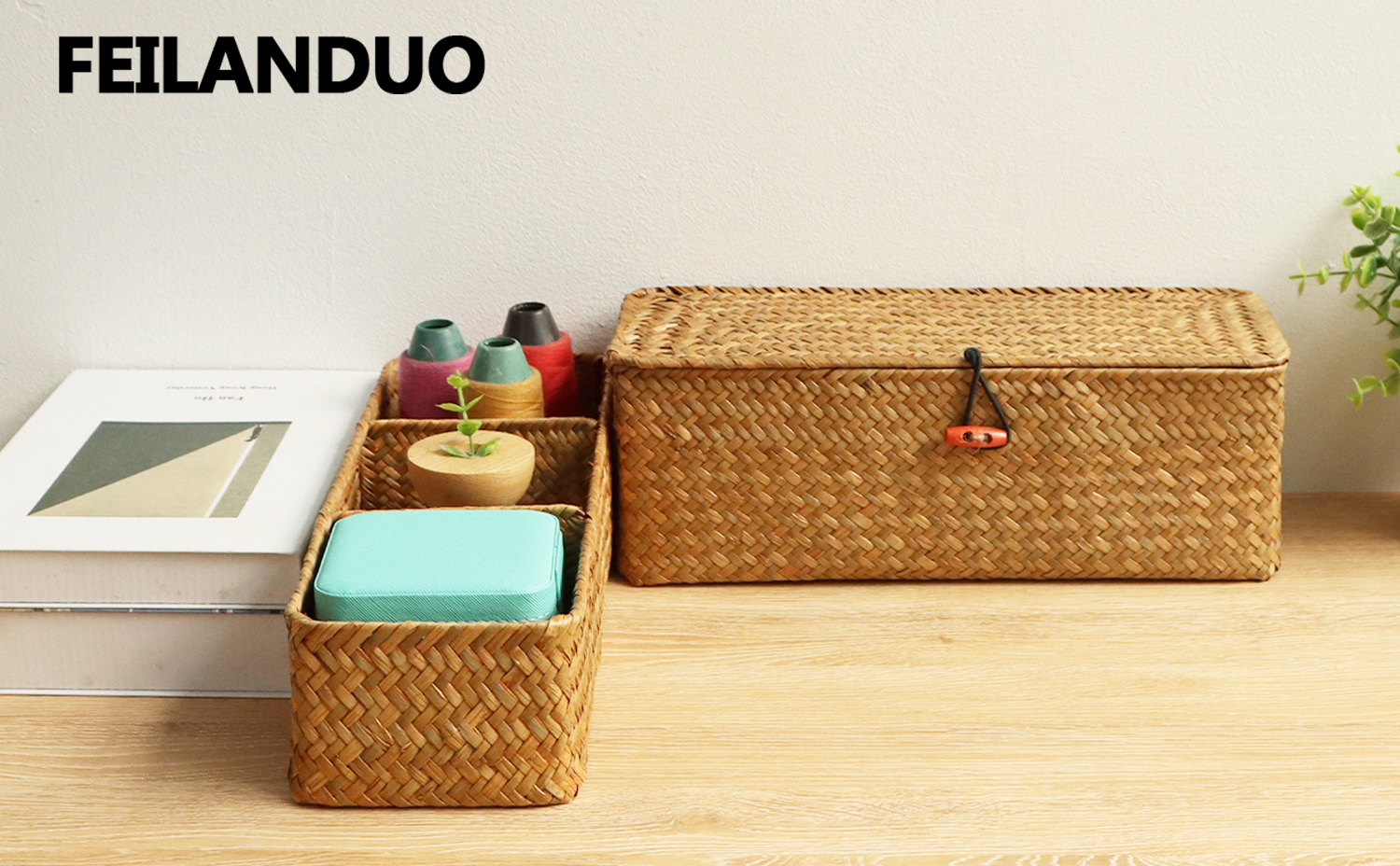 Feilanduoshelf Baskets With Lid Set Of 3 Handwoven Seagrass Storage | INDIA