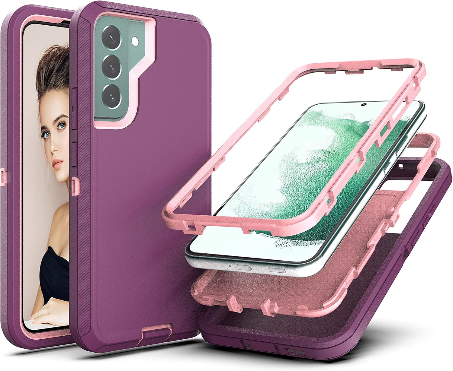 YmhxcY Galaxy S22 Plus Case - Drop Proof 3-Layer Durable Cover/Shockproof Armor Drop Protection Solid Rubber Case - Fuchsia/Pink