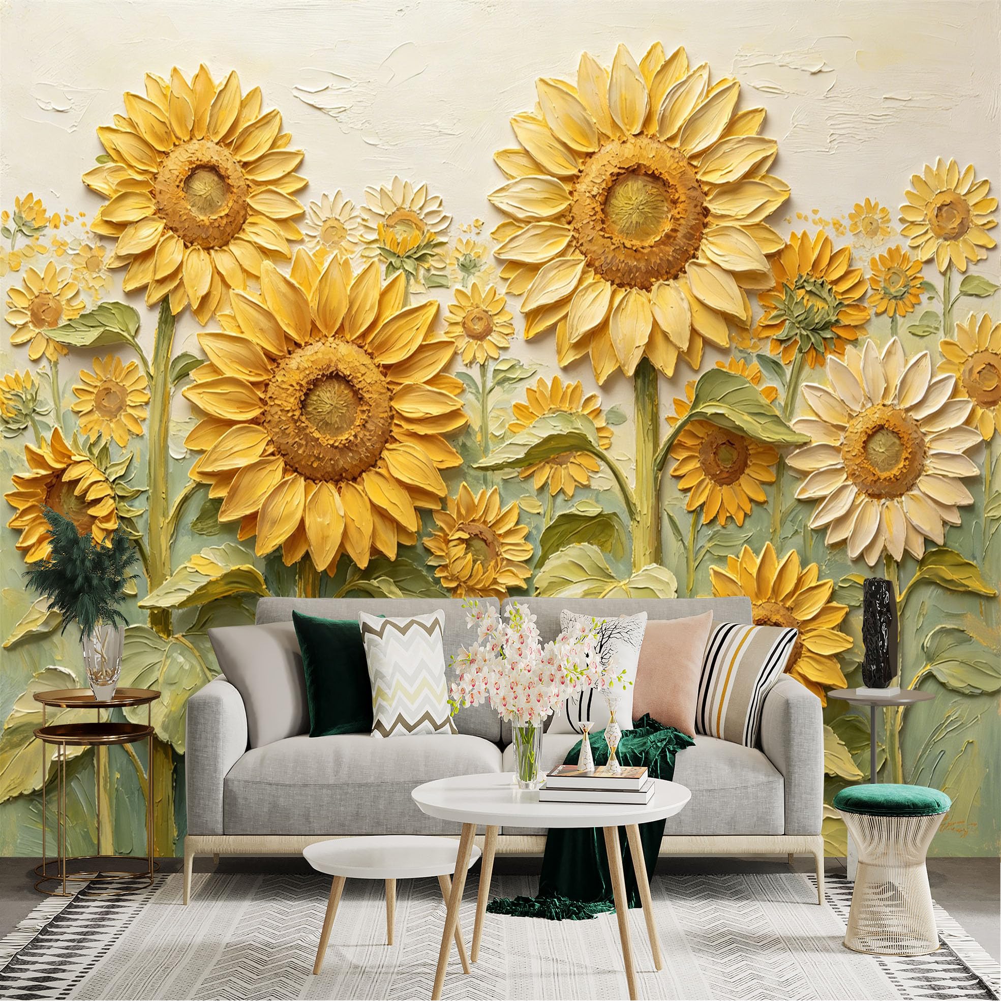 Lnzczhyre Dbh260521766 Custom Size Wall Sticker Mural， Textured Yellow Sunflowers， Impasto Oil Painting Style， Botanical Floral Arrangement， For Wall Decoration， Peelandstick Wall Decals.