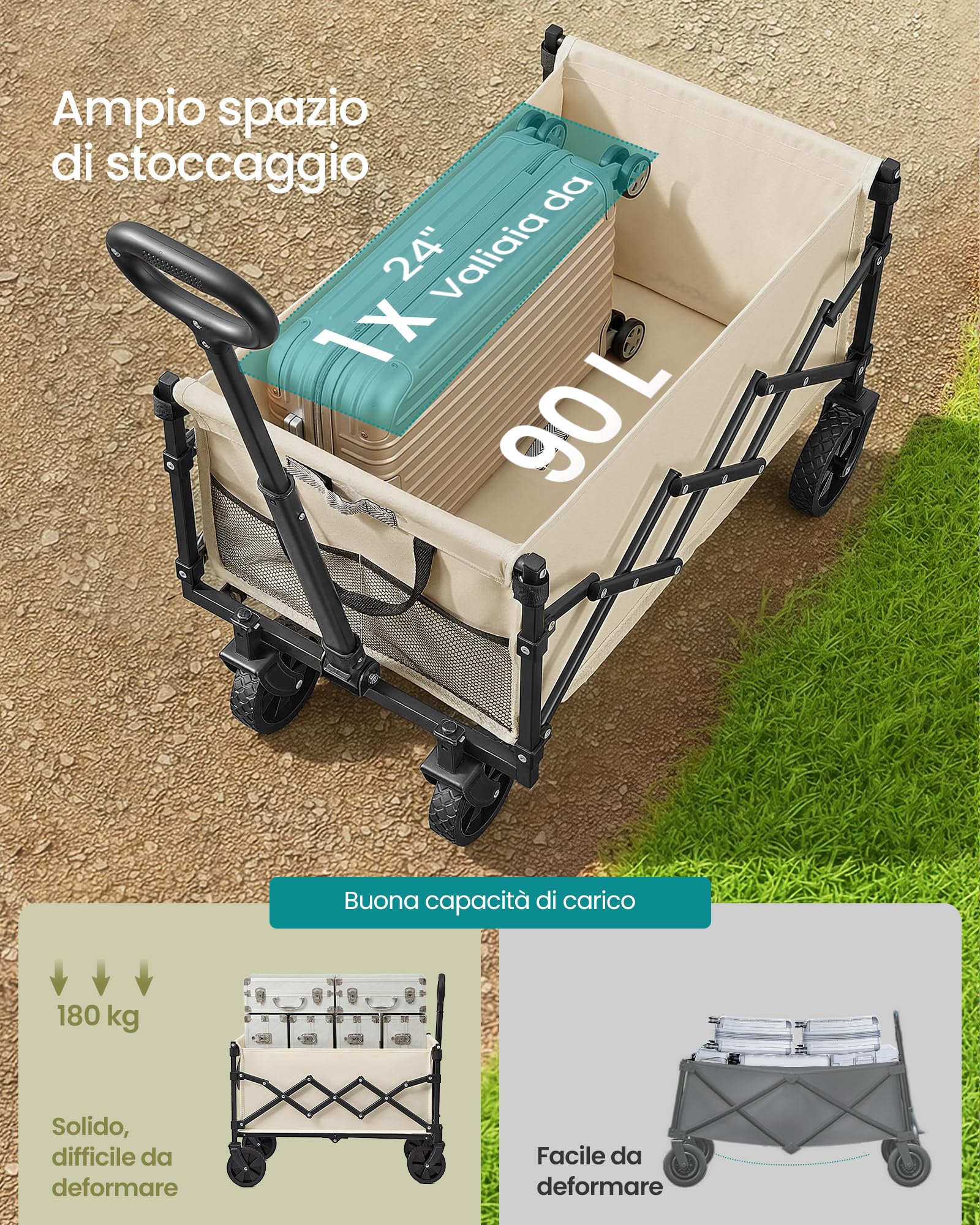 SONGMICS Carrello da Spiaggia Pieghevole 90 L 180 kg con Ruote Beige Sabbia