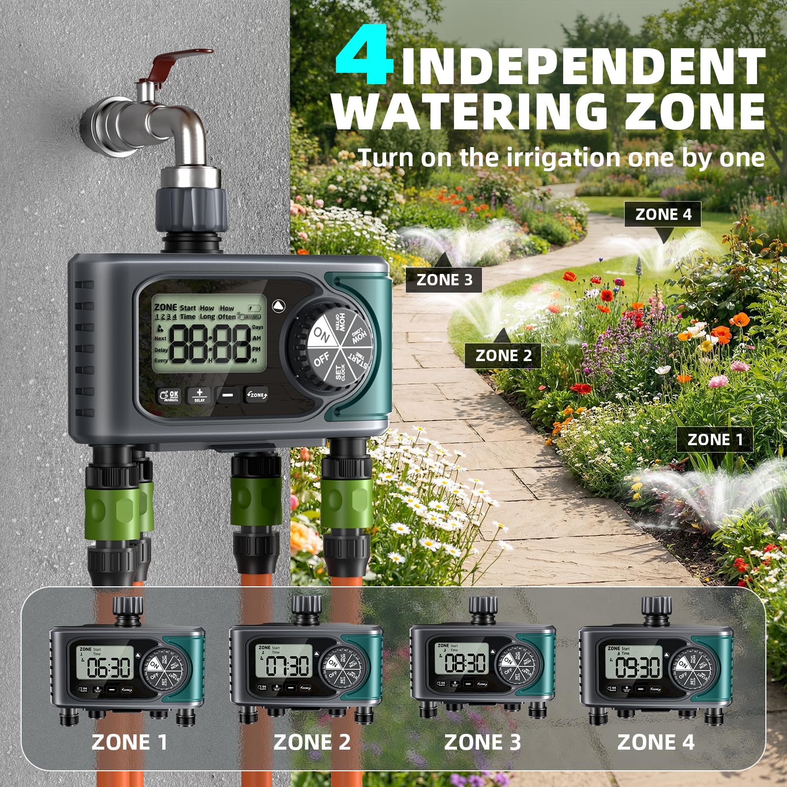 Photo 1 of Sprinkler Timer for Outdoor Hose Faucet 4 Zone, Programmable Hose Timer with Rain Delay/Manual/Automatic Watering System, Water Timers for Garden Hose, Digital Drip Irrigation for Yard Lawn Outdoor