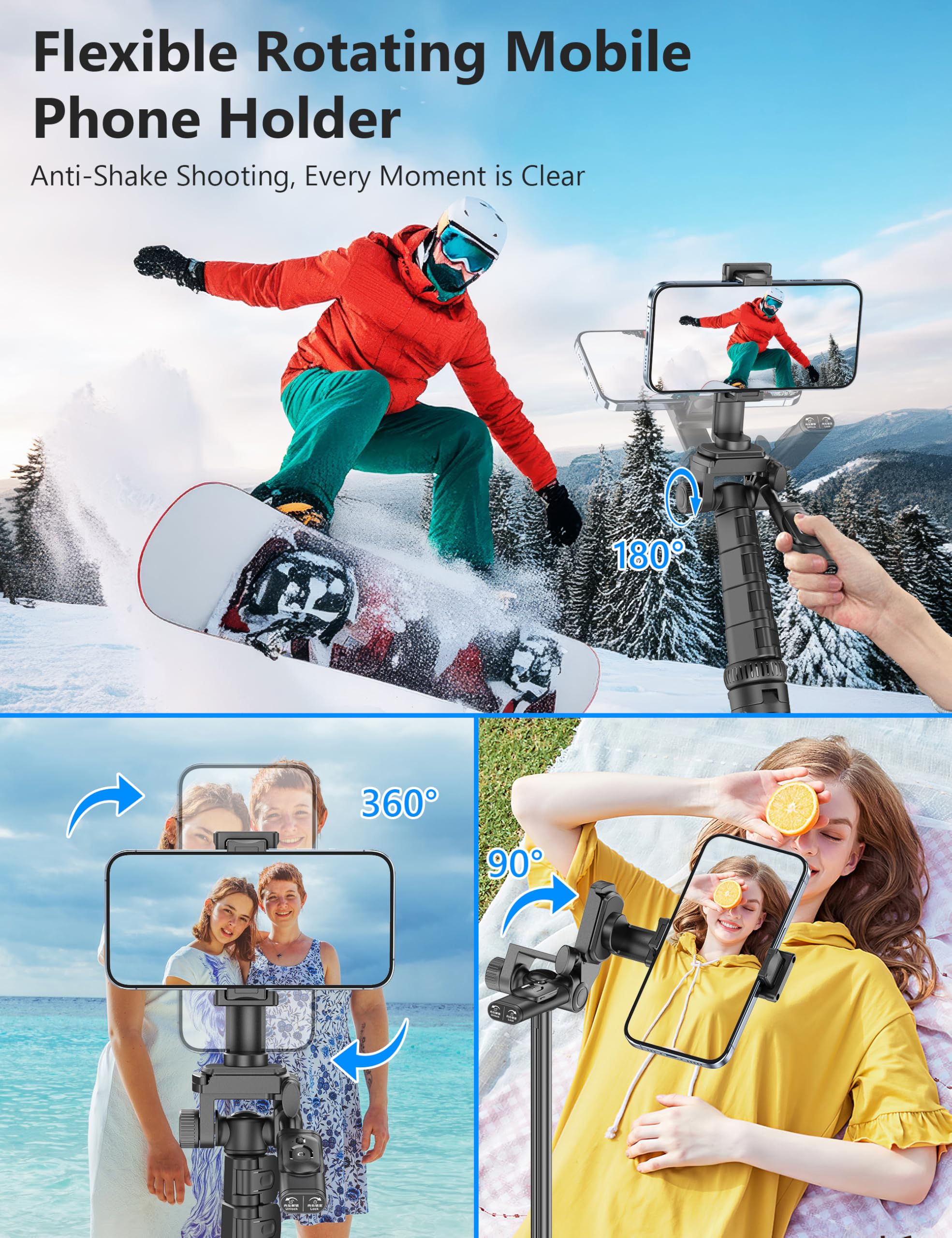 Statyw na telefon komórkowy 180 cm, wysuwane statywy aluminiowe z odłączanym pilotem, stabilny statyw do selfie i aparatu fotograficznego kompatybilny z iphone'em/Androidem/aparatem fotograficznym