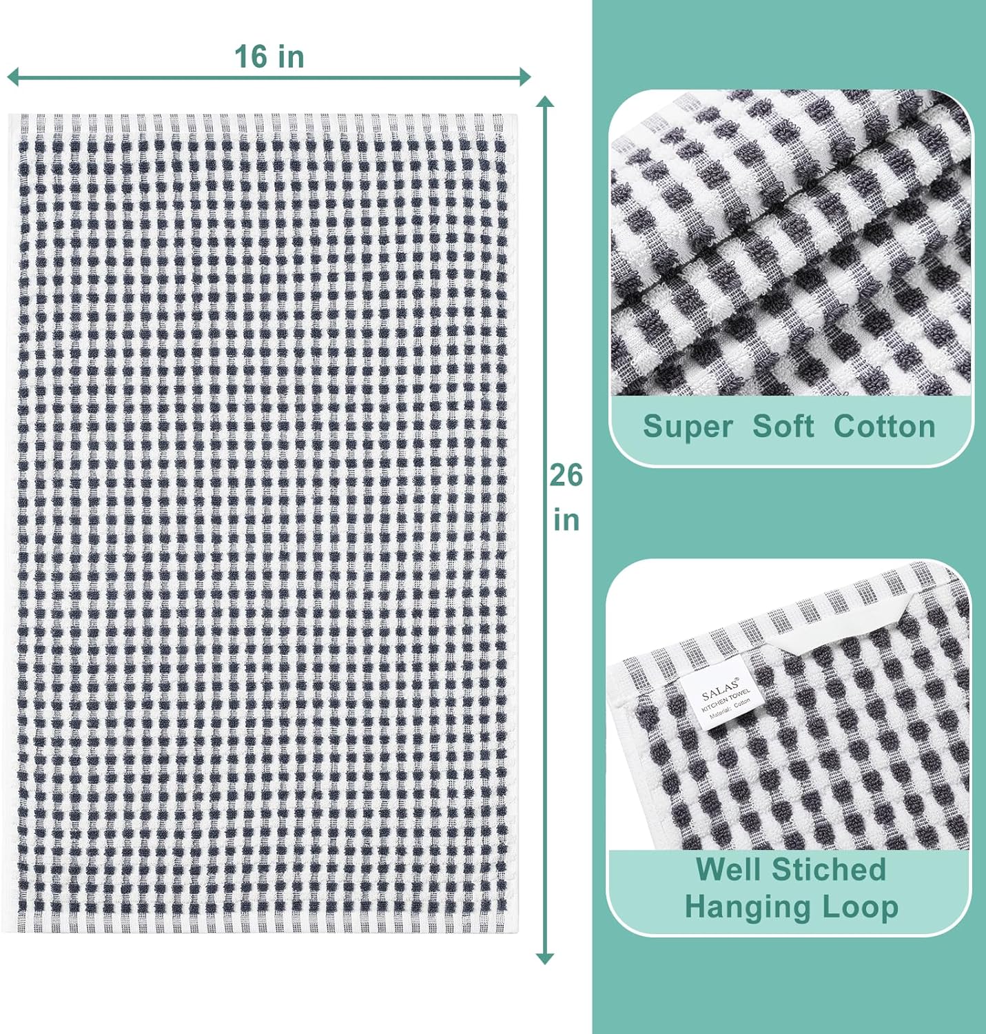 SALAS Cotton Dish Towels Cloths for Kitchen Drying Dishes, Lattice Terry Towels, Highly Absorbent Kitchen Cloths with Hanging Loop, 16‘’ x 26‘’, 4 Packs, Gray - Image 3
