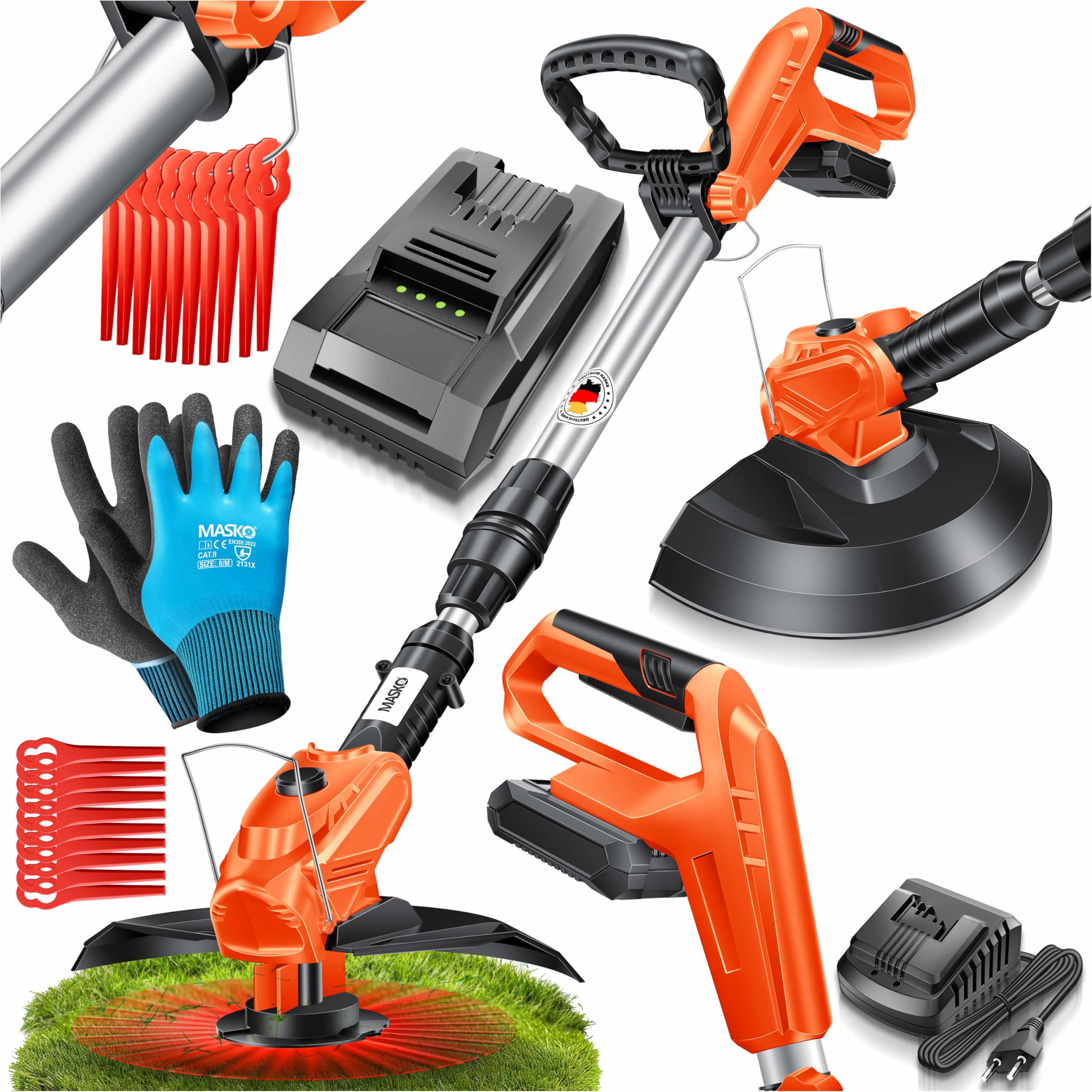 MASKO® Akku-Rasentrimmer mit 20 V Li-Ion Akku, 2,0 Ah Akku und Ladegerät, Motorsense 260mm Schnittbreite, 180° Trimmwinkel, Teleskop-Stiel & Zusatzhandgriff, inkl. 20 Nylonklinge & Handschuhe