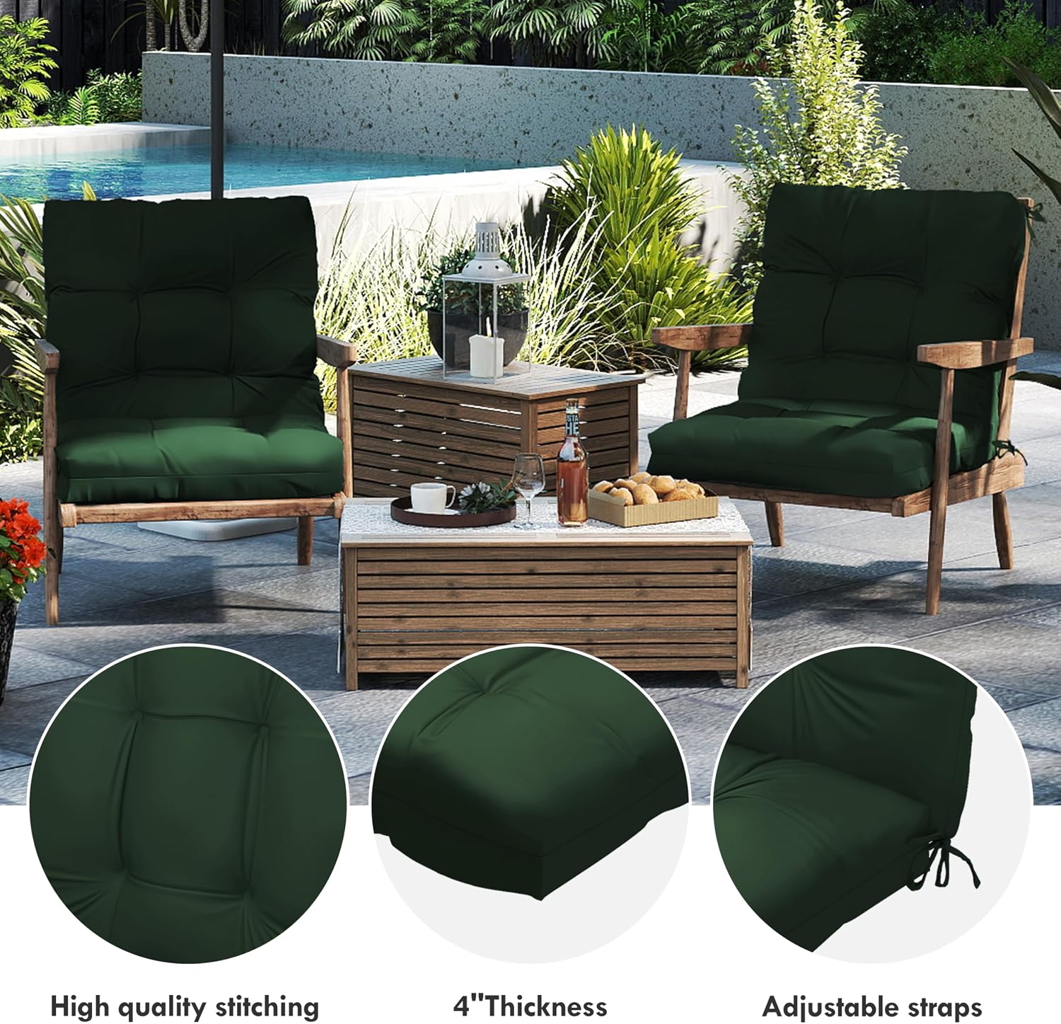 Outdoor High Back Chair Cushions 42x 21 x 4, Waterproof Patio Chair Cushions, Fade Resistant Seat Cushion for Outdoor Furniture, Porch, Balcony and Indoor (Dark Green, 2)