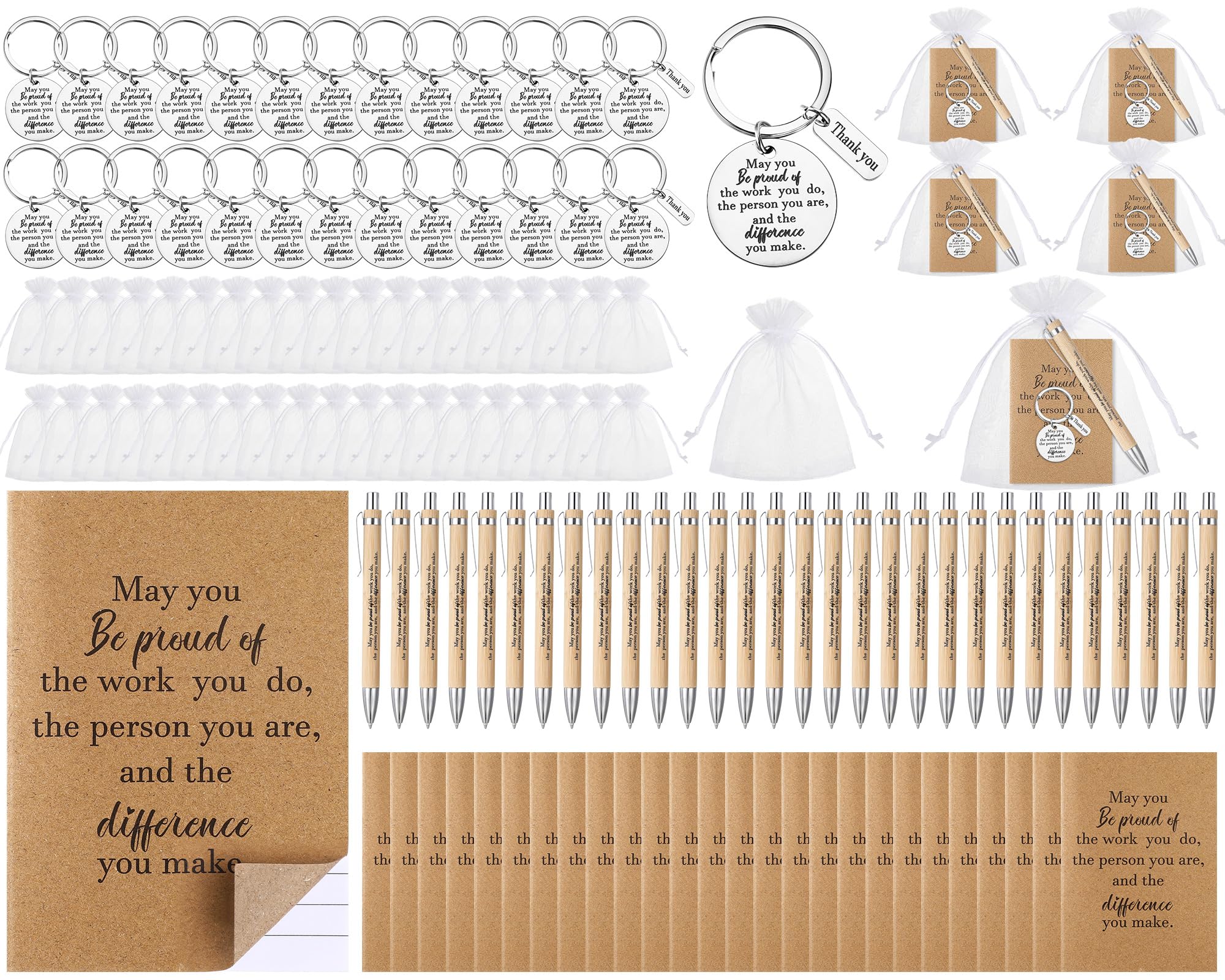 Kosiz 50 Sets Employee Appreciation Gifts Bulk Thank You Notebooks Bamboo Pens Keychains Social Worker Appreciation Gifts for Coworkers Staff Employee