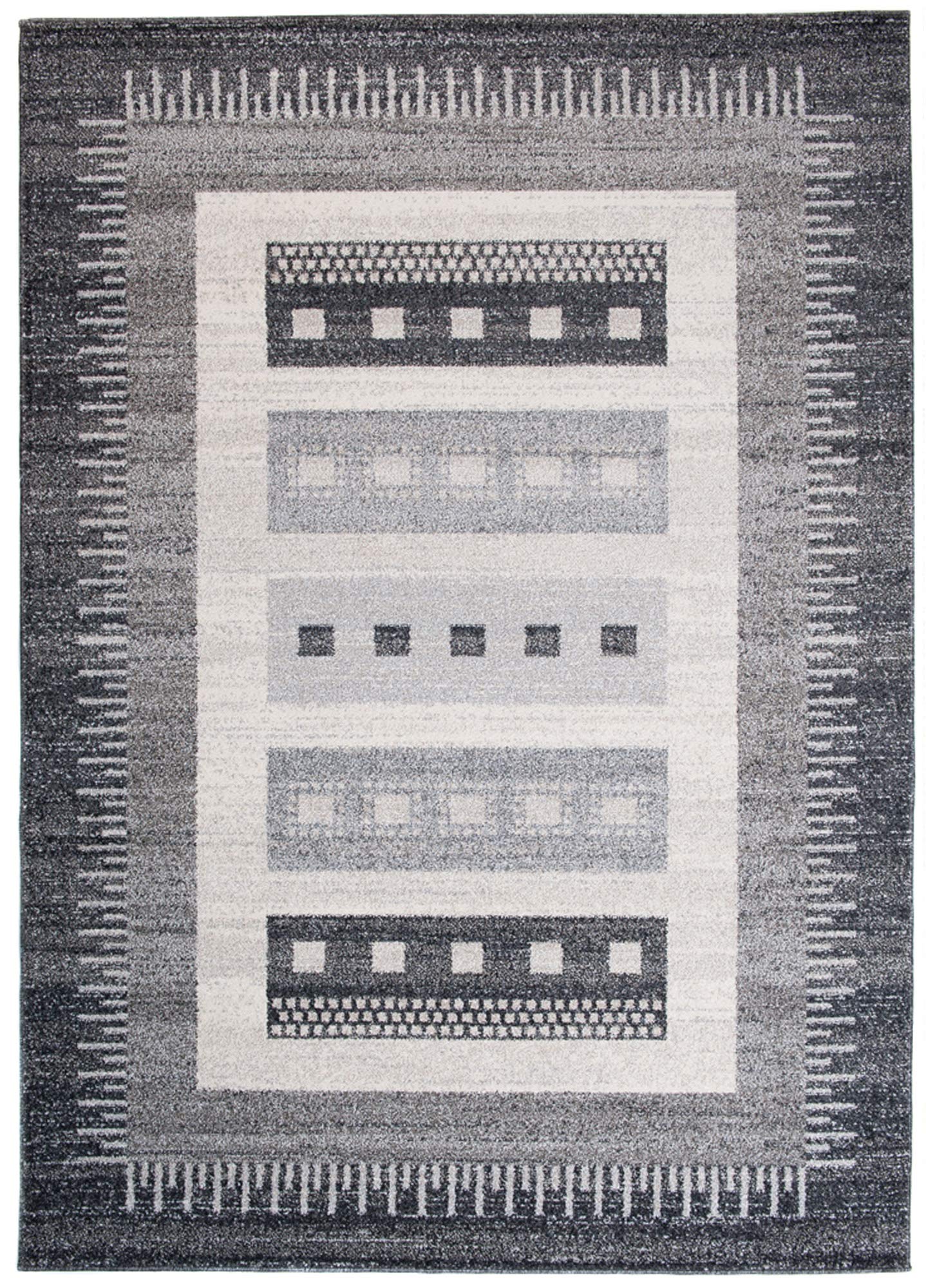 Tapiso® Dywan Sari z krótkim włosiem | melanżowy designerski dywan w kolorze szaro-białym, czarnym, z abstrakcyjnym wzorem w paski, karo, diamenty, idealny do salonu, pokoju gościnnego, jadalni, Ökotex 140 x 190 cm