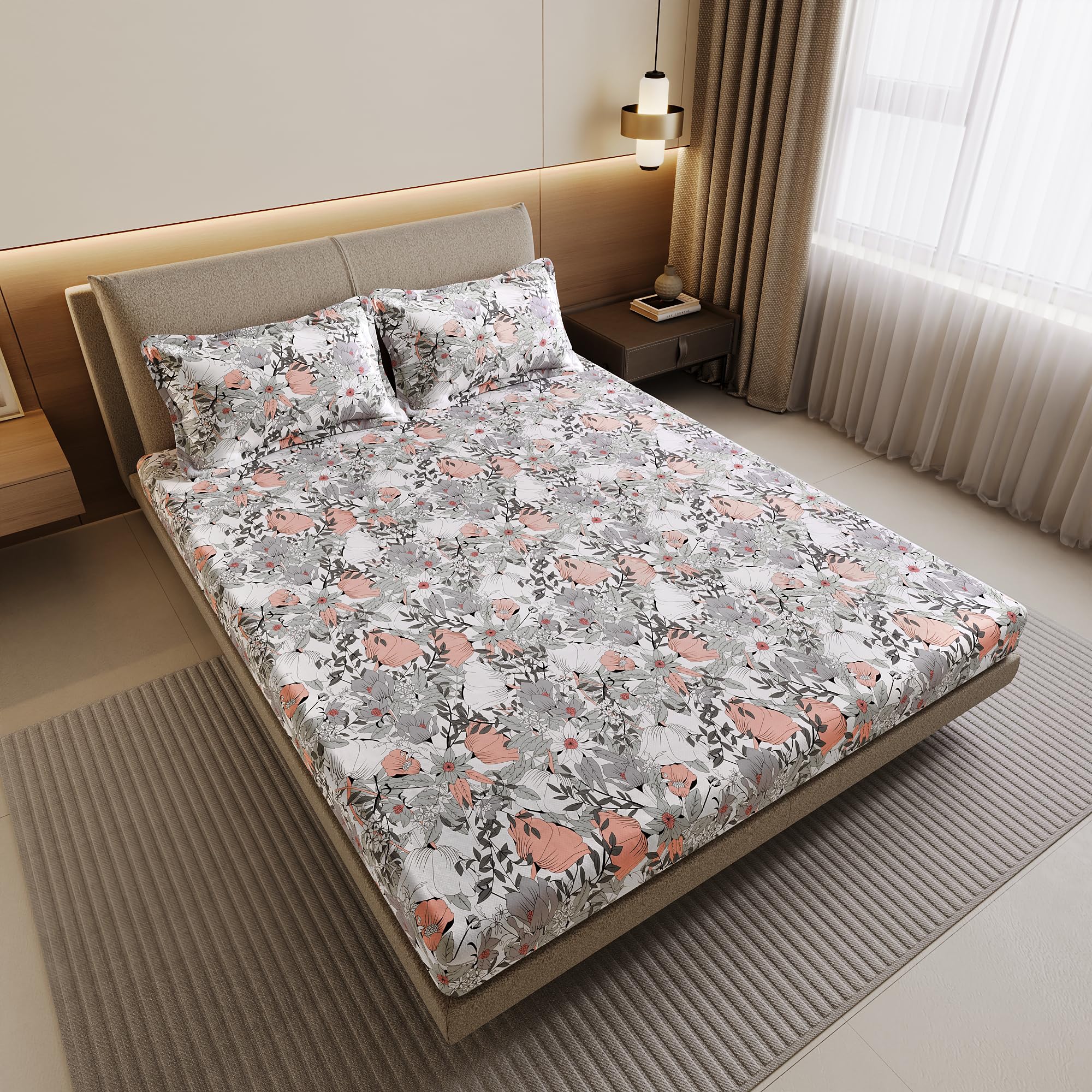 Divine Casa 144 TC 100% Cotton Double Bedsheet with 2 Pillow Covers | Soft Breathable Wrinkle Resistant Bedding Set | Modern Printed Bed Sheet for Bedroom | 222 x 254 cm (Blush Grey, Floral)