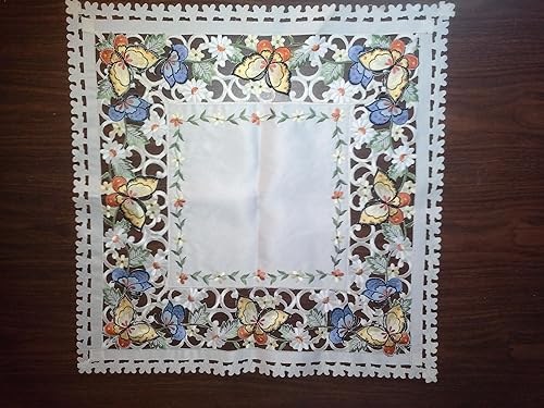 Vista 3 de Mantel o mantel cuadrado bordado con mariposas de varios colores sobre material marfil, tamaño 33 x 33 pulgadas
