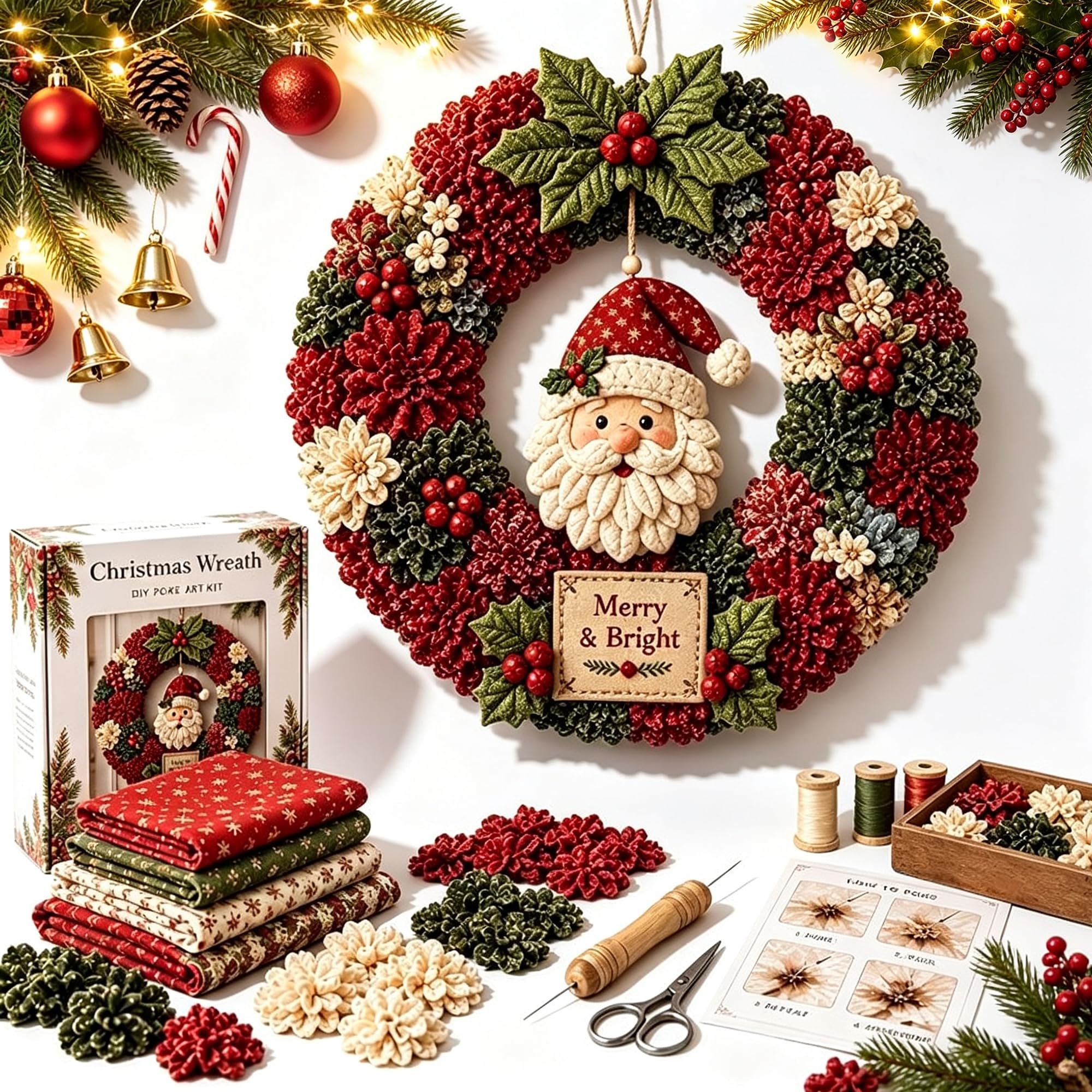 3D Christmas Wreath Fabric Poke Art DIY Craft Kit for Adults and Beginners, No Sewing Easy Poke Art, Pre-Punched Board and Tool, DIY Holiday Decor, Handmade Christmas Art Project(Father Christmas)