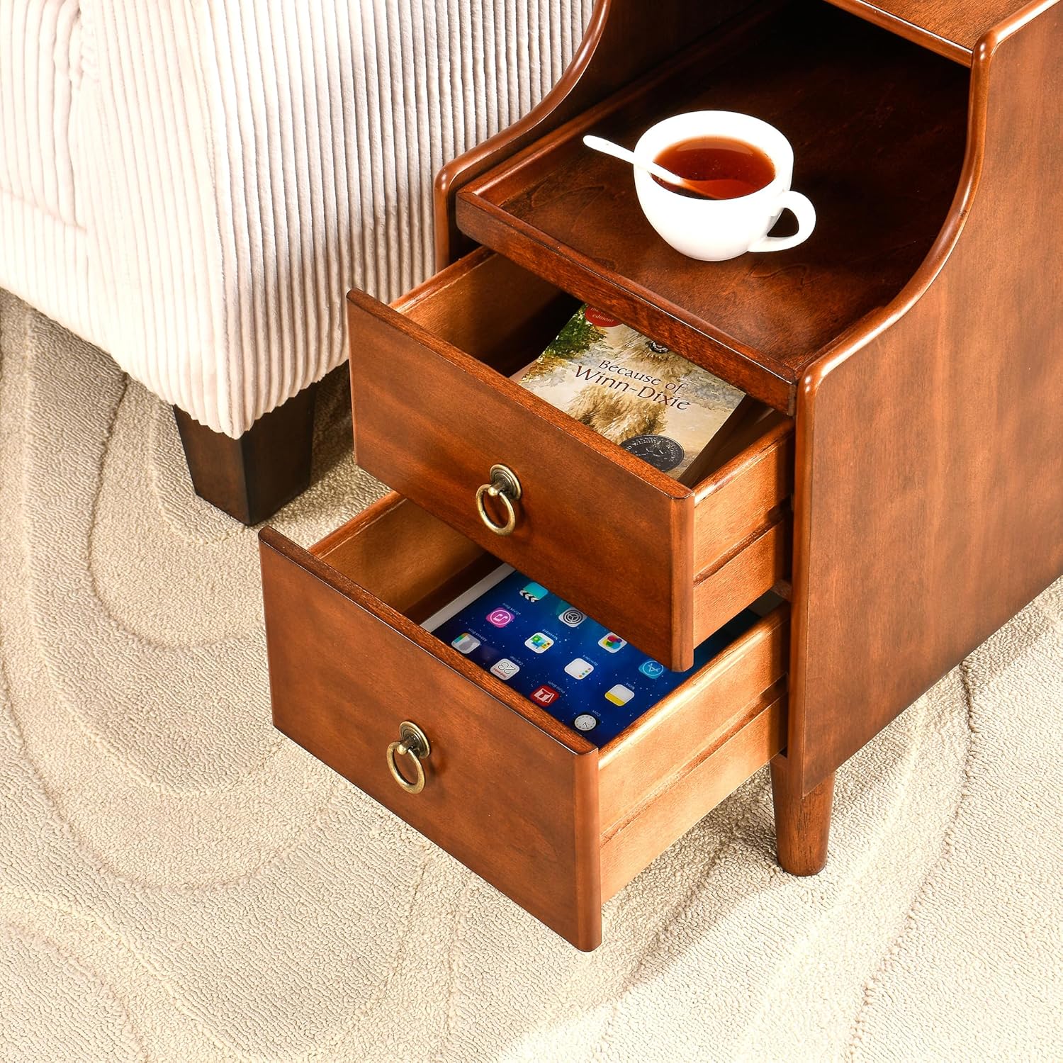 Narrow End Side Table with 2 Drawers and Pull-Out Tray, No-Tools Assembly Sofa Beside Table for Living Room, Slim Side Table with Solid Wood Legs, 11.8”W x 21.6”L x 22.9”H Caramel Brown BG-A1359-MG