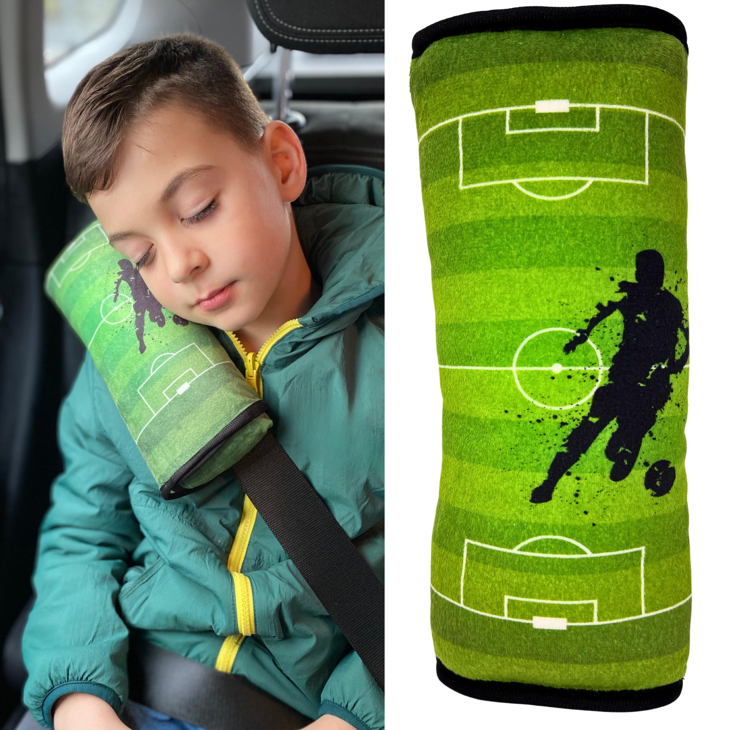 HECKBO Almohadilla para coche con dibujos de fútbol para niños - lavable a máquina suave, tacto de peluche, almohadilla cinturón de seguridad