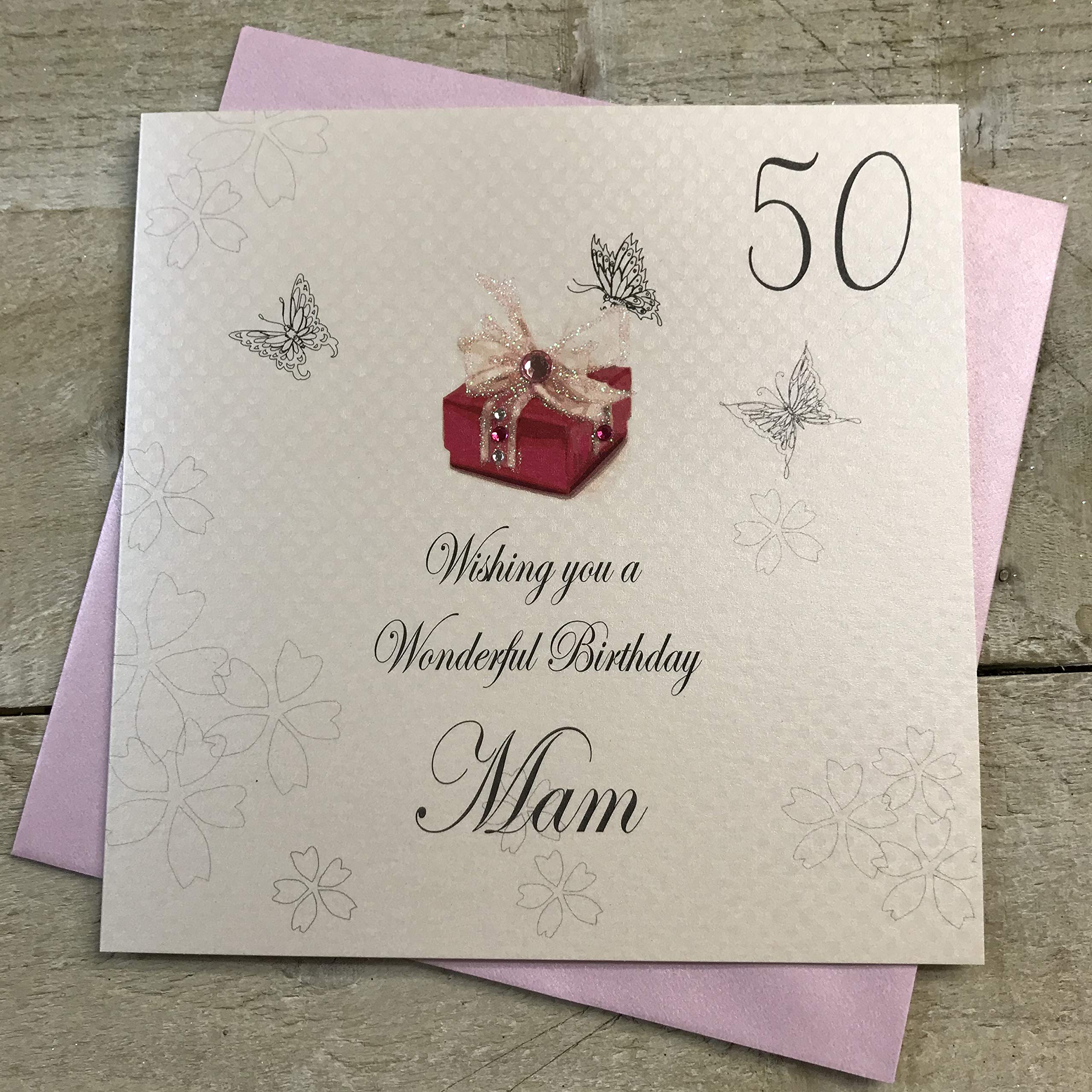 WHITE COTTON CARDS Geburtstagskarte – Handgemachte Karte Zum 50., Mit Glitzer & Strass, 16x16 Cm, Rot