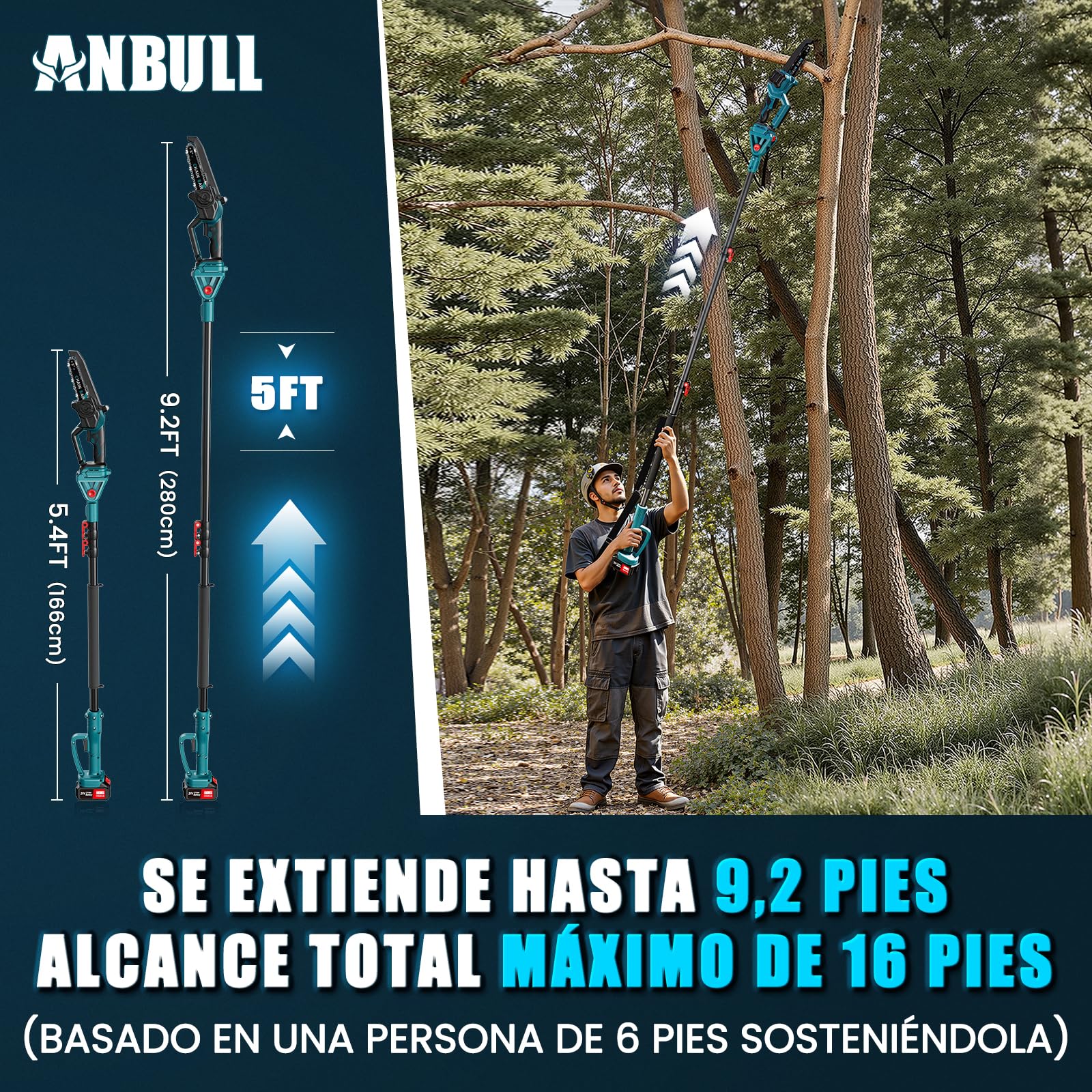 Anbull 2-en-1 8 Pulgadas Mini Motosierra de Pértiga Inalámbrica | Motosierra electrica telescopica 1200W Sin Esc, 2 baterías 4000mAh, alcance máx. 4,8 m, Ideal para poda y corte de ramas