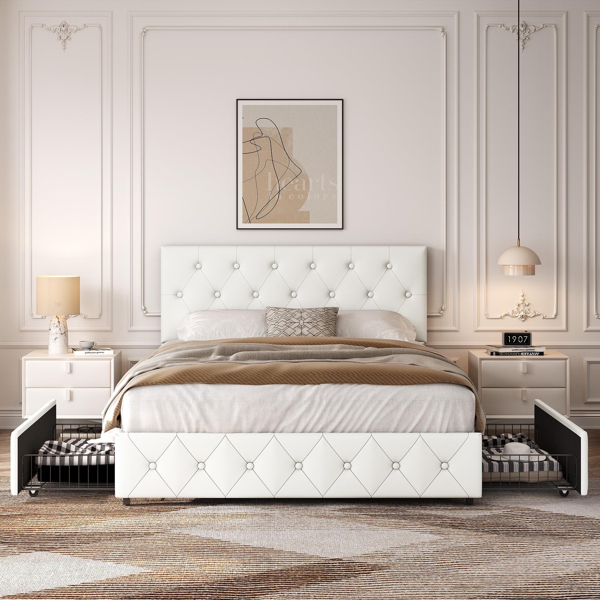 Yaheetech Cama Tapizada de Piel Tirón Botón Cama Acolchada Almacenaje 140 x 200 cm Blanco