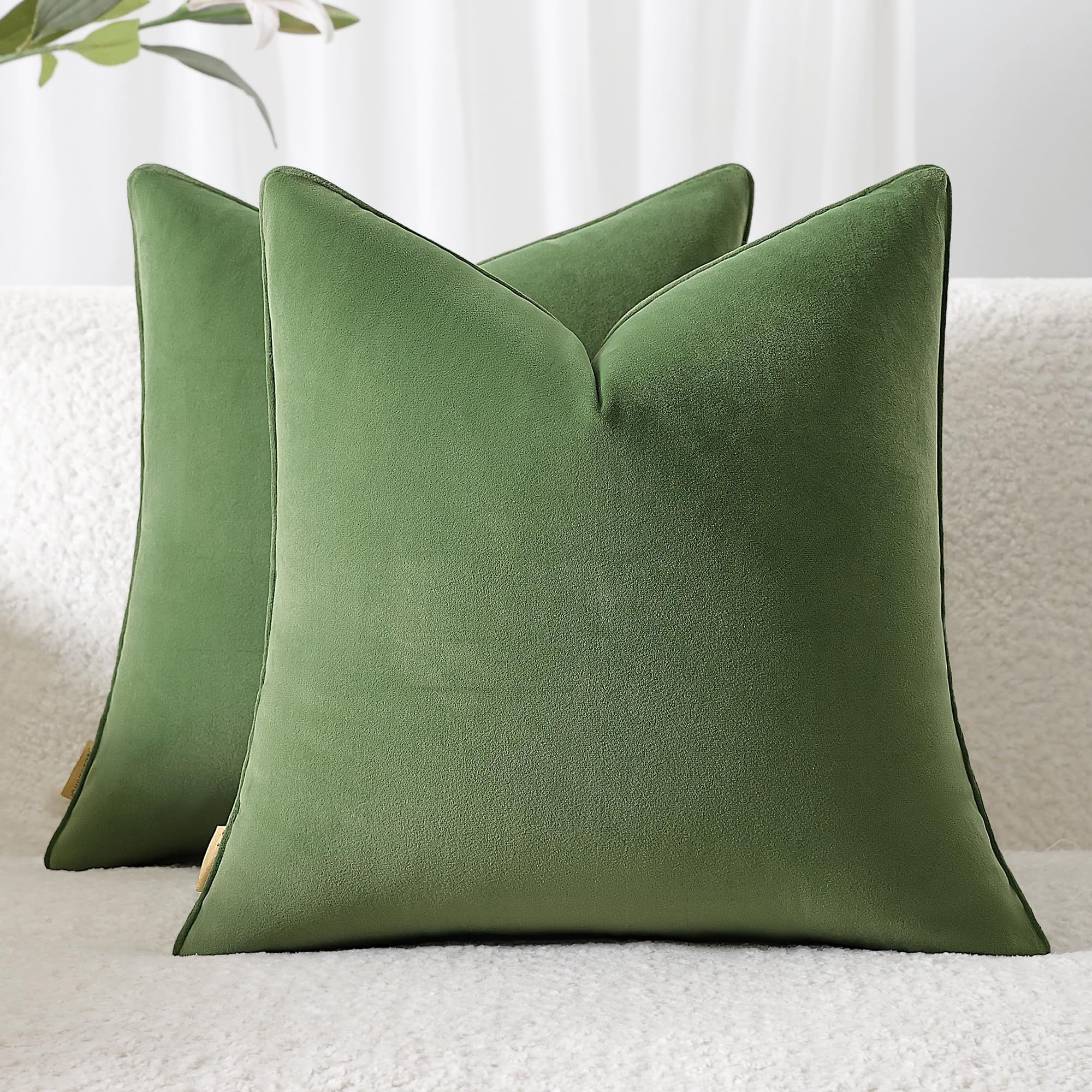 Throw Pillow Covers 16x16 Set of 2 – Solid Decorative Pillow Cases for Couch, Sofa, Bed – Square Cushion Covers with Piping (No Insert) Olive Green