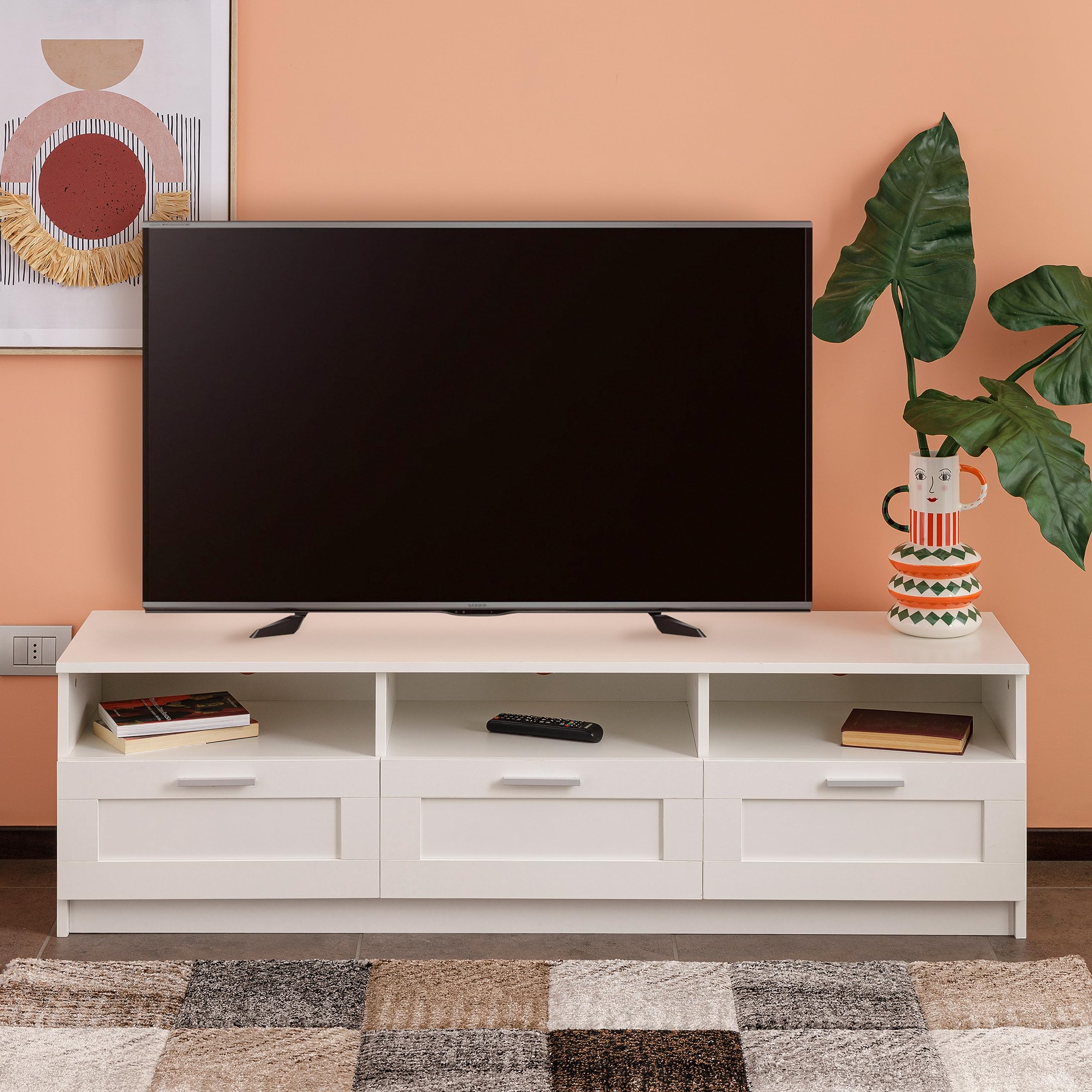 Baroni Home Mobile per Tv con 3 Ripiani 3 Cassetti, Foro per Passaggio Cavi in MDF, Consolle Porta TV per Camera da Letto, Salotto, Cucina, Bianco, 140x33x30 cm