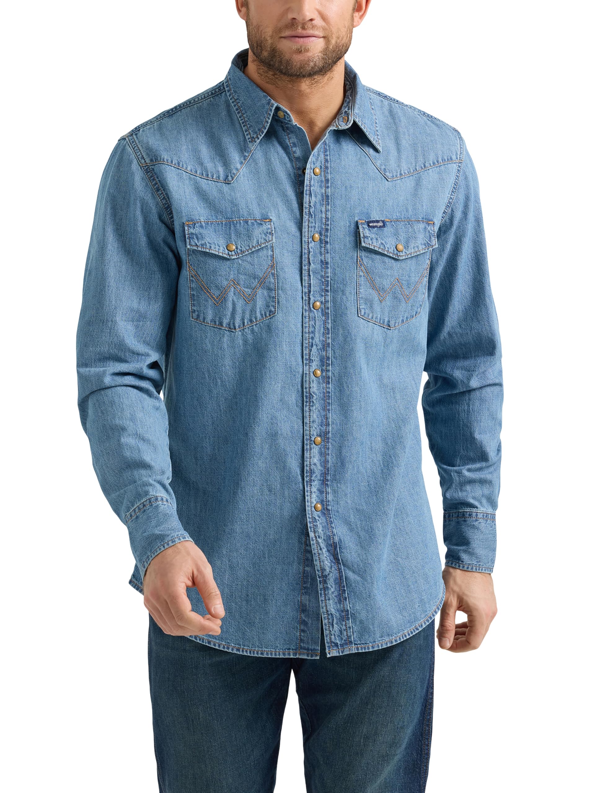 WranglerMen's Denim Light Wash Long Sleeve Snap Shirt