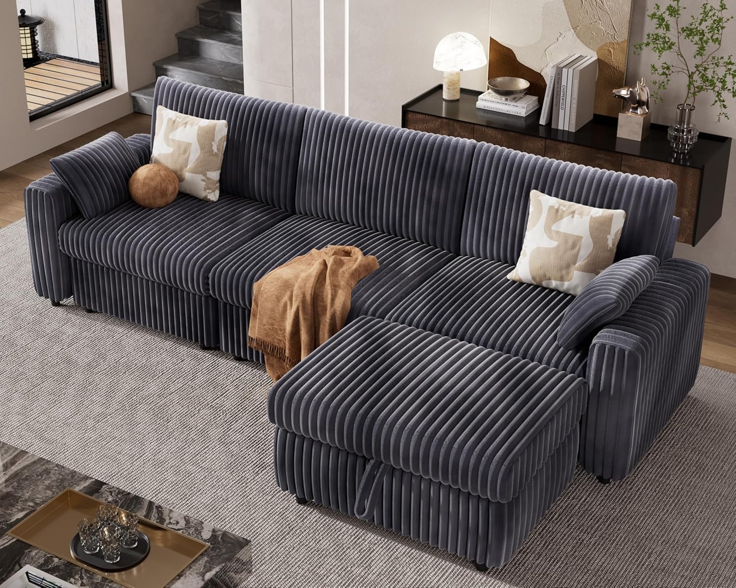 WEUP 131" Large Modular Sectional Sofa, Plush Corduroy Modern Oversized Sectional Couch with Storage Ottoman, Two Pillows, Tool-Free Assembly (3 Seats + Ottoman, L Shape, Dark Grey)