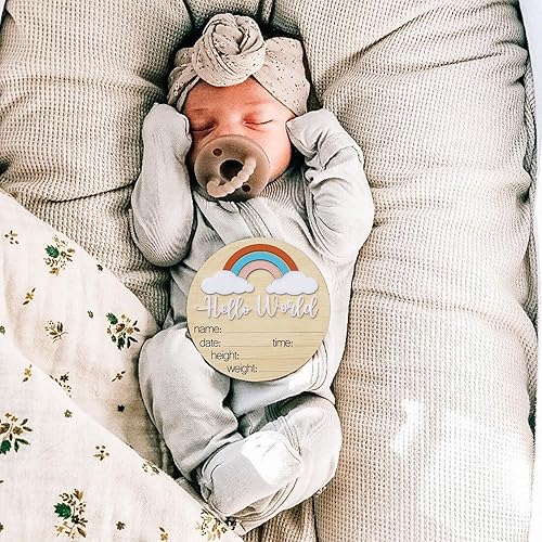 Miniatura 5 de Letrero de anuncio de madera para bebé, arcoíris de Hello World, 1 pieza, 3 elementos personalizables, dimensional 3D, fácil de mostrar, gran regalo