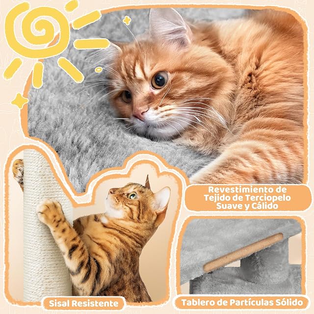 Foto 4 de 8 de Yaheetech Árbol Rascador para Gatos 87cm con Poste sisal y Cesta Gris Claro