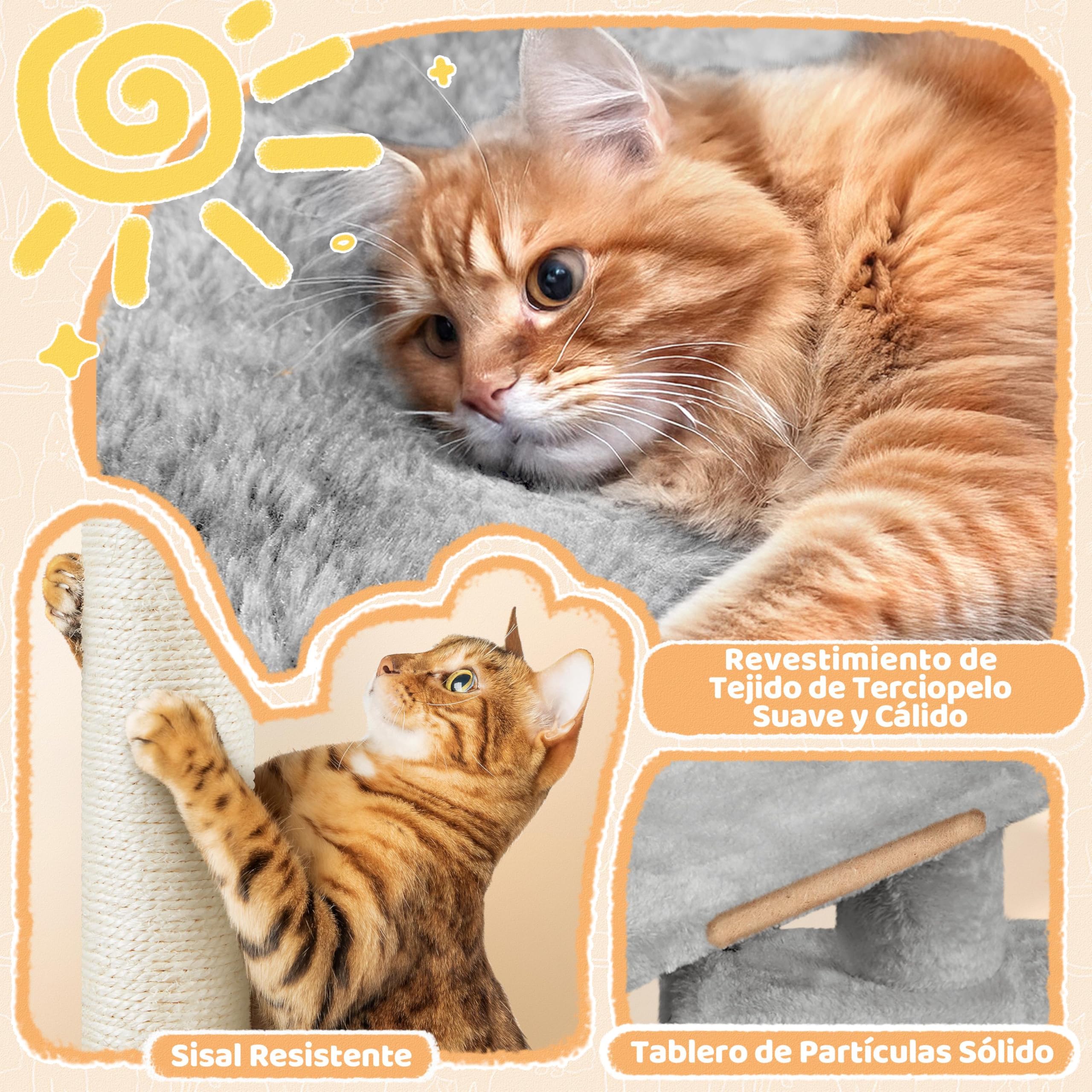 Yaheetech Árbol Rascador para Gatos con Poste Cesta Cuerda de Agarre 50x34.5x87 cm Castillo Torre para Gatos Gris Claro