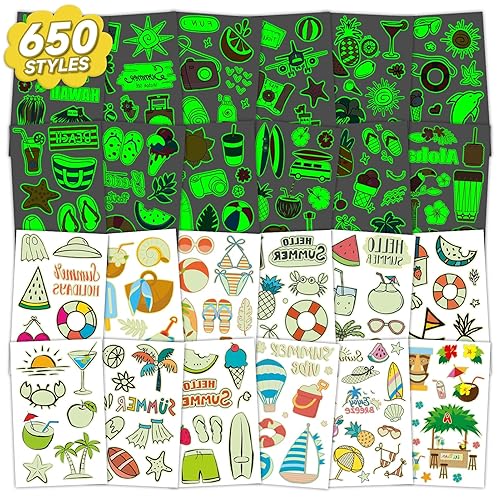 EMOME Más de 650 estilos de tatuajes temporales con temática tropical hawaiana Luau para niños, suministros de fiesta de verano, playa, piscina,