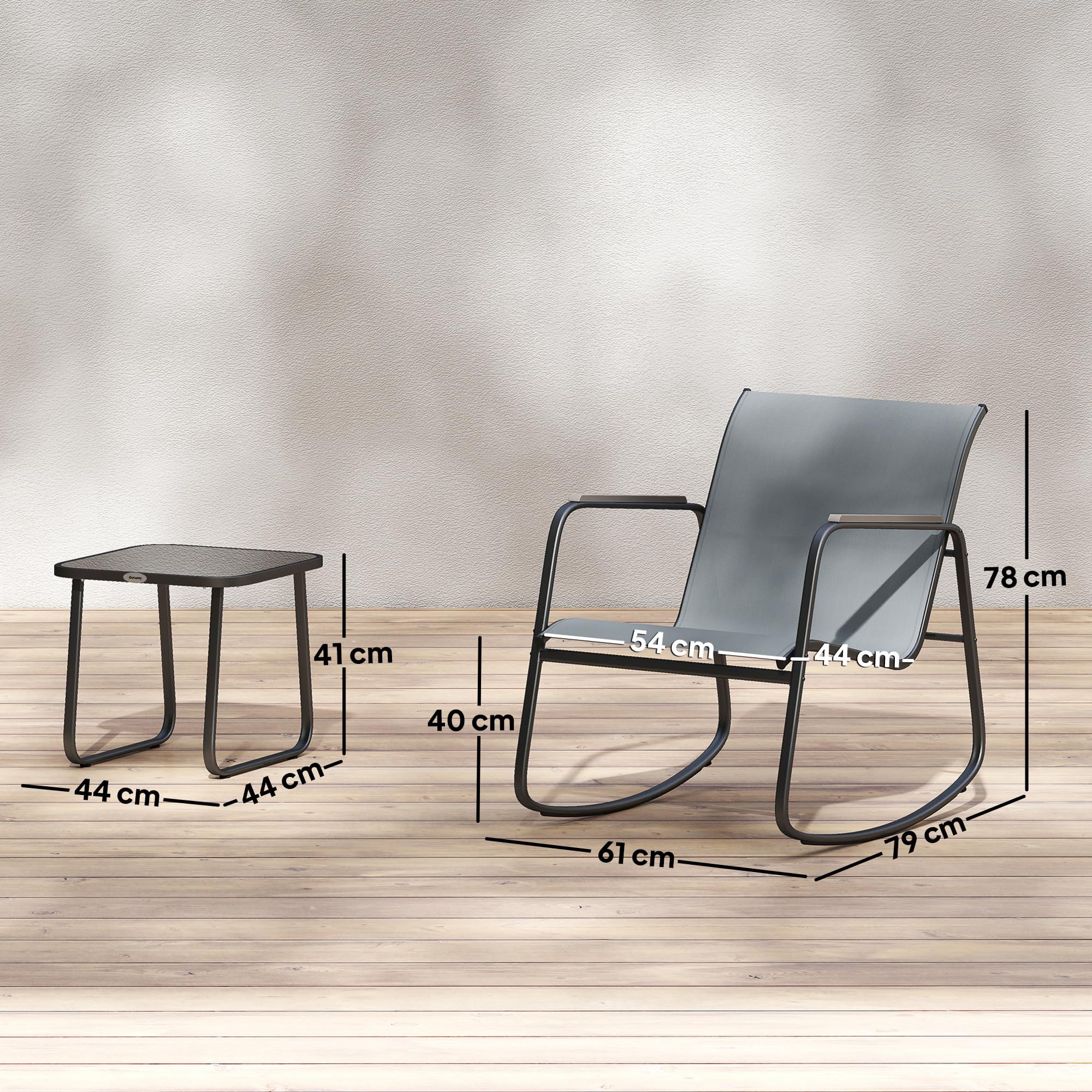 Outsunny Set da Bistrò da 3 Pezzi, Set Tavolo e Sedie da Giardino in Acciaio con 2 Sedie a Dondolo Traspiranti in Texteline e Tavolino in Vetro, per Patio Balcone, Grigio