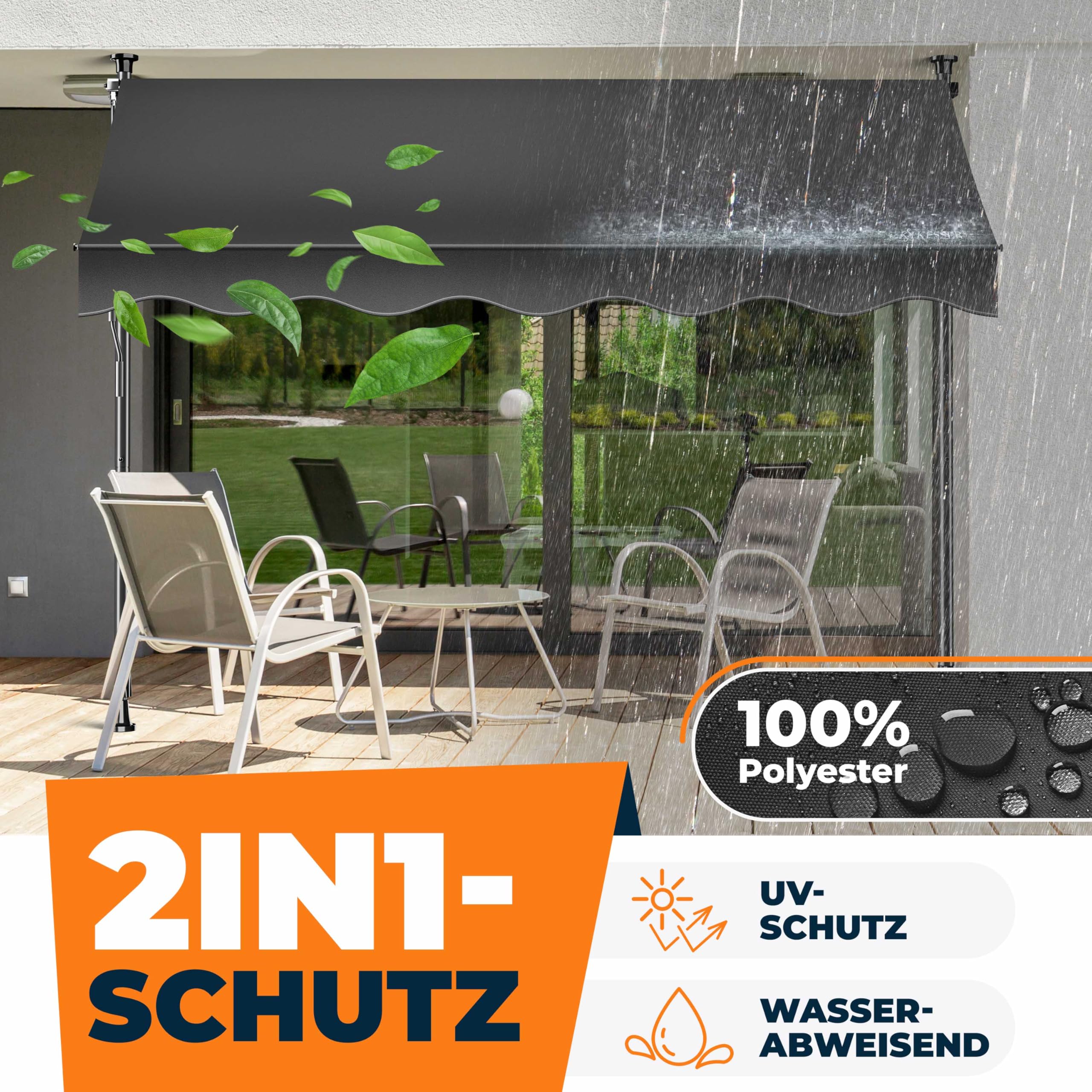 KESSER® Klemmmarkise mit Handkurbel & LED Lichterkette | Balkonmarkise ohne Bohren | Markise UV-beständig höhenverstellbar & wasserabweisend | Sonnenschutz für Balkon Terrasse & Garten 250cm - 4