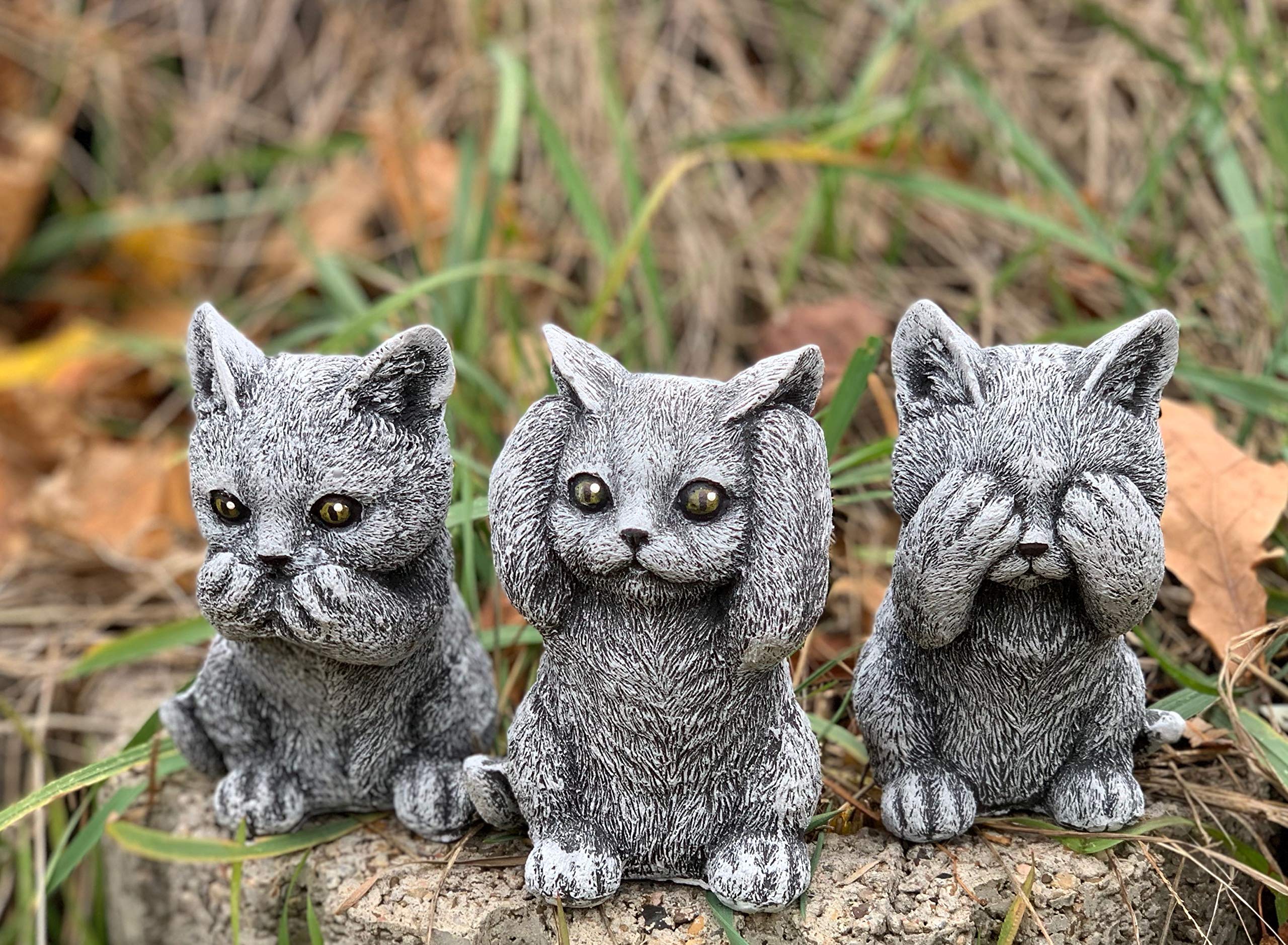 stoneandstyle Lot de 3 figurines en pierre - Chatons - Ne rien voir - Ne rien entendre - Ne rien dire - Résistant aux intempéries - En pierre coulée