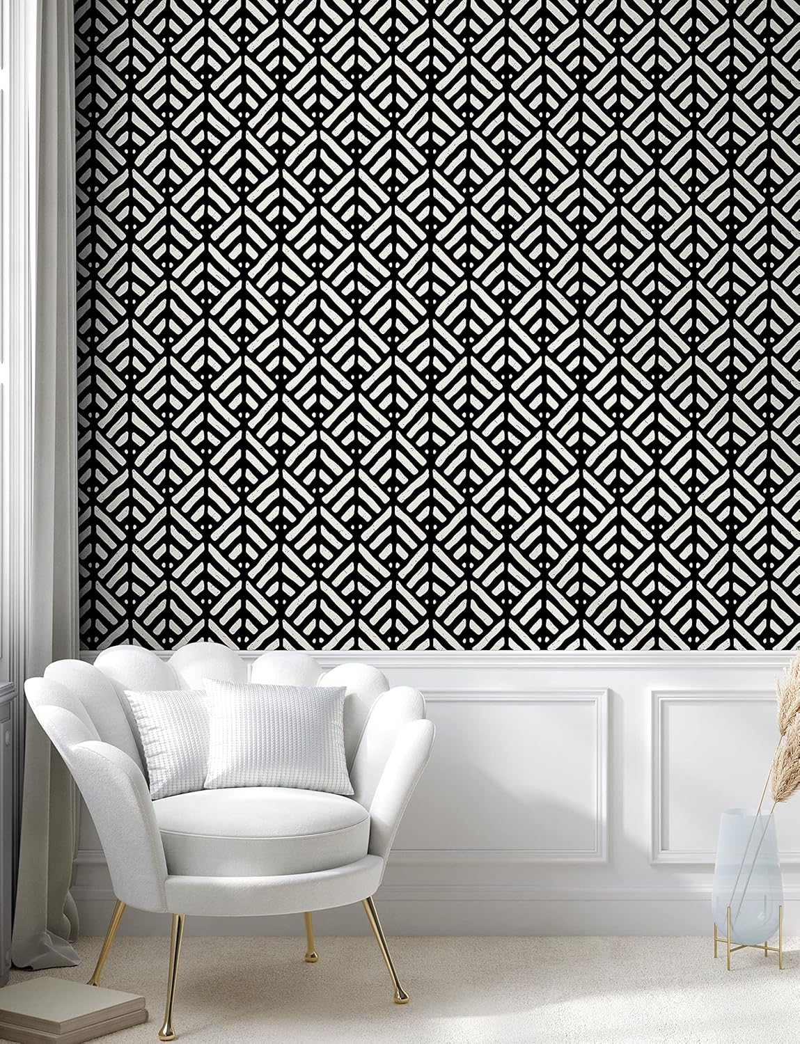 Ambesonne Black and White Peel & Stick Wallpaper for Home, Abstract Hand-Drawn Lines Retro Style with Grunge Effect Geometric Design, Self-Adhesive Living Room Kitchen Accent, 13" x 100", Black White