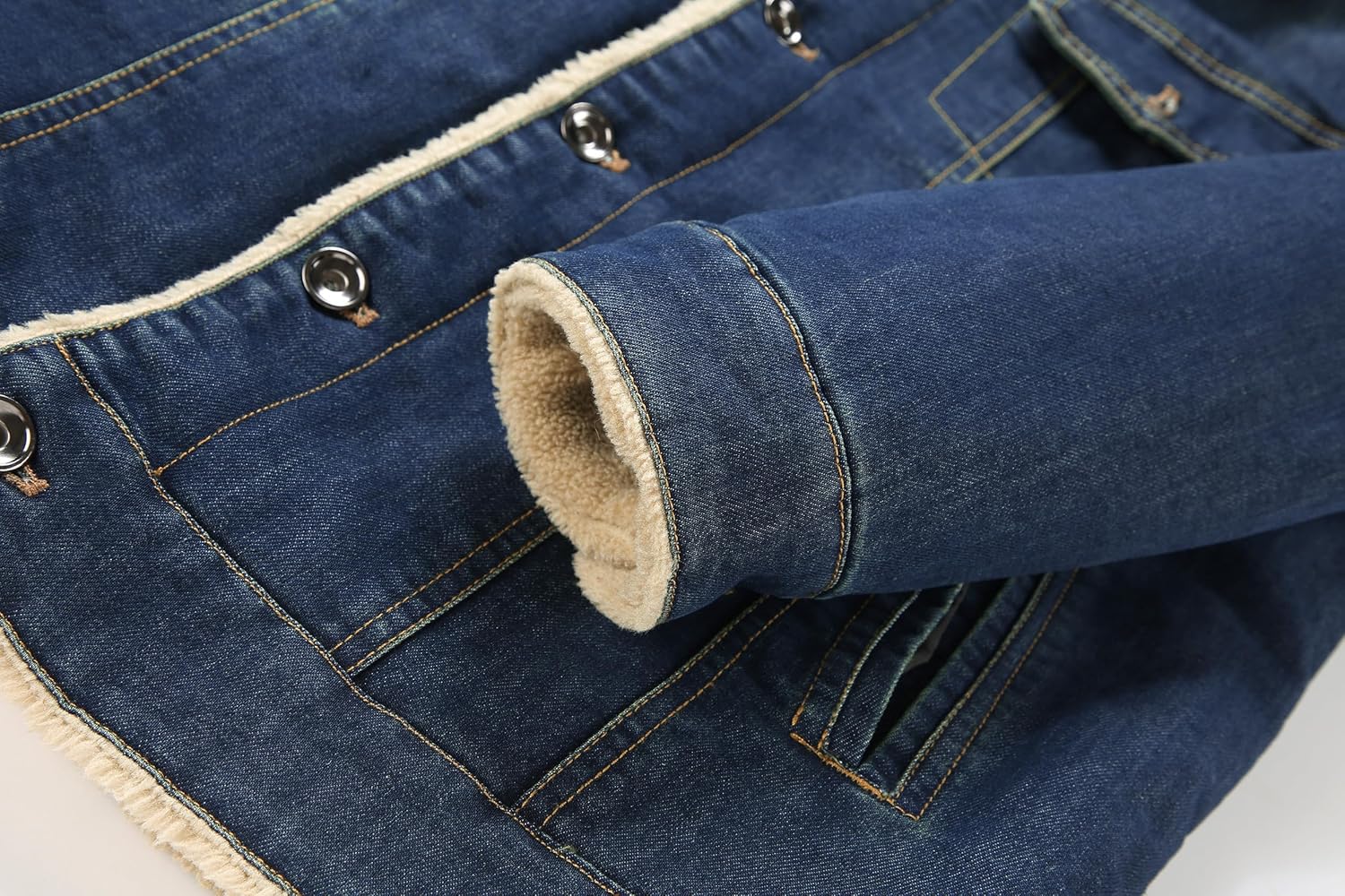 HOW'ON Men's Plus Cotton Warm Fur Collar Sherpa Lined Denim Jacket Button Down Classy Casual Quilted Jeans Coats Outwear - Image 7