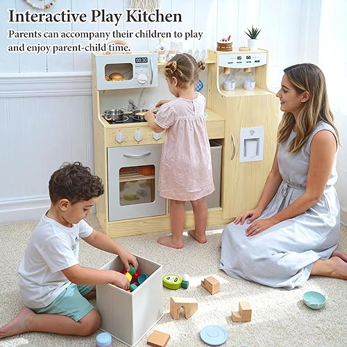 Miniatura 6 de Cocina de juego de madera para niños pequeños de 3 a 5 años con sistema de almacenamiento y 18 piezas, juego de regalo de cocina compacto todo