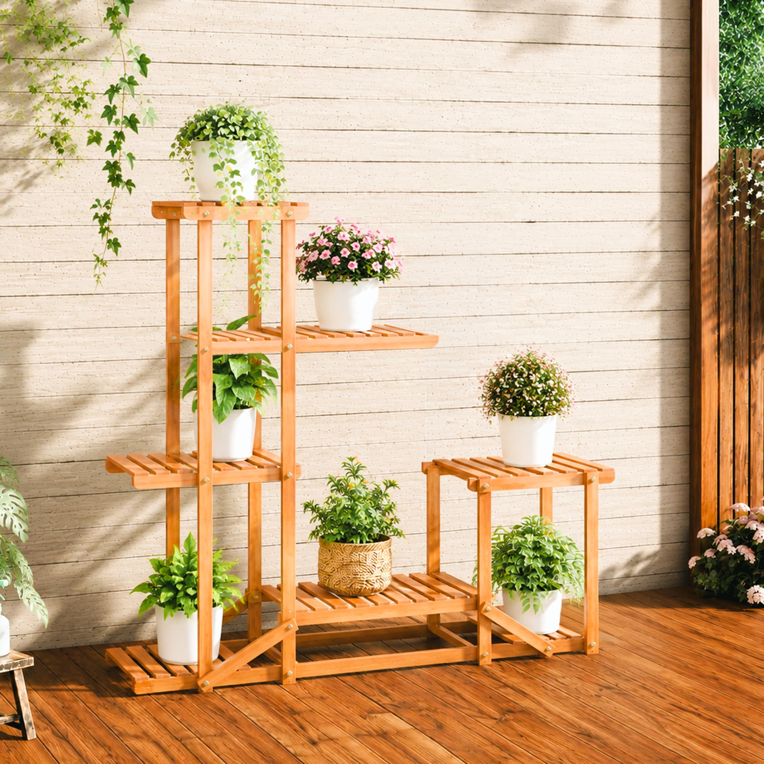 バンブースタイル 木製フラワースタンド Livzing 6 Tier Wooden Planter Stand, Bamboo Plant Pot Stand For