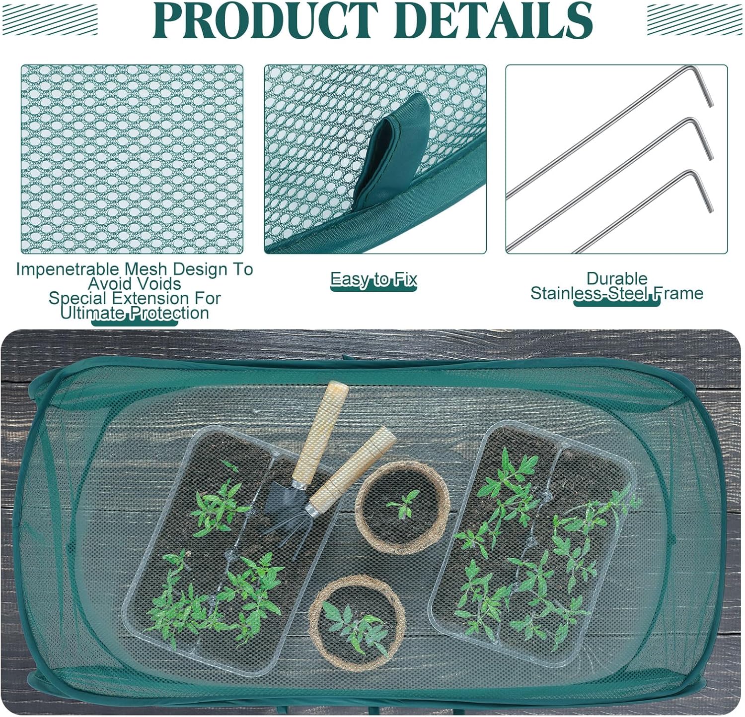 Threehoney 4 Pcs 35'' x 14'' x 16'' Pop up Garden Mesh Plant Cover Outdoor Plant Protector Garden Row Raised Bed Cover with Ground Nails Crop Cage Net for Seedlings Vegetable Fruit Herbs (Dark Green)