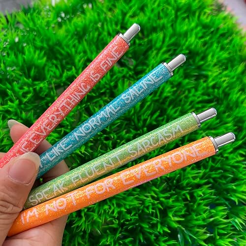 Miniatura 2 de Jxueych 4 bolígrafos bonitos con purpurina y frases divertidas, bolígrafos pasivos y elegantes, regalos para colegas, suministros de oficina (juego