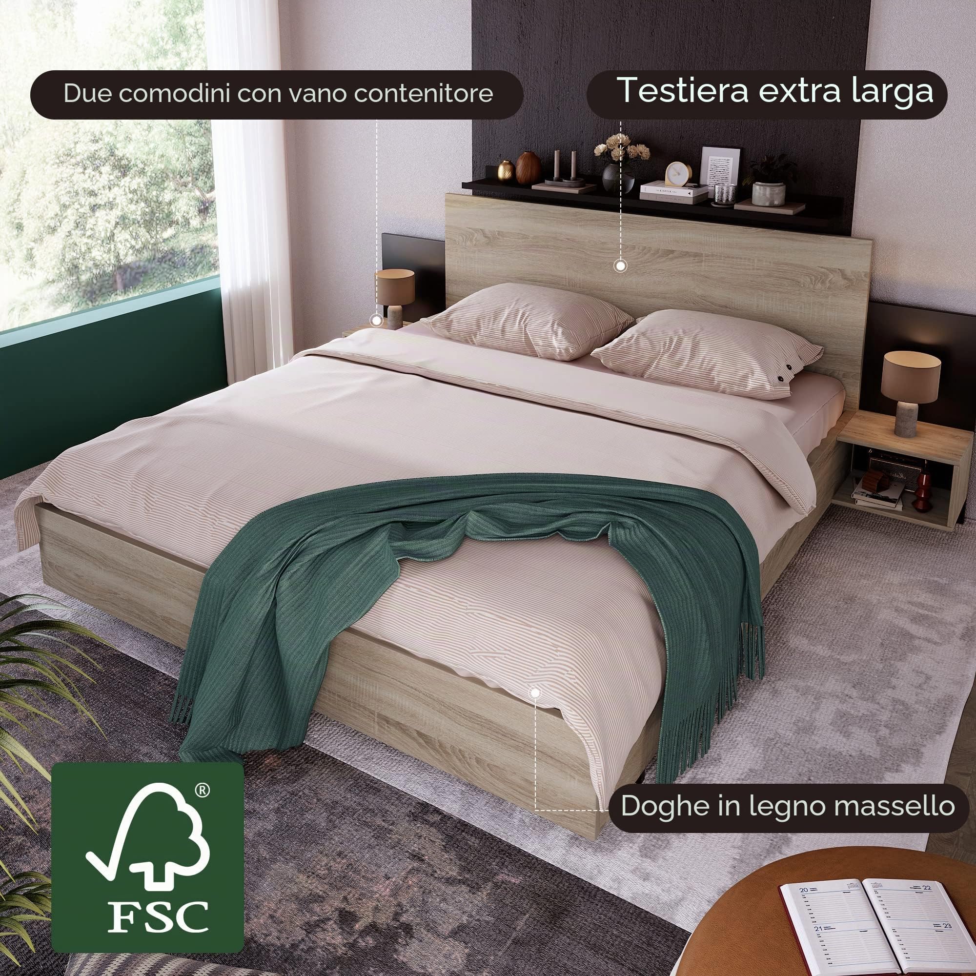 Letto matrimoniale in legno, 160 x 200 cm, con 2 comodini, letto moderno, con 2 comodini, camera da letto, completo, 205,5 x 235 x 76,5 cm (larghezza x profondità x altezza), set in rovere