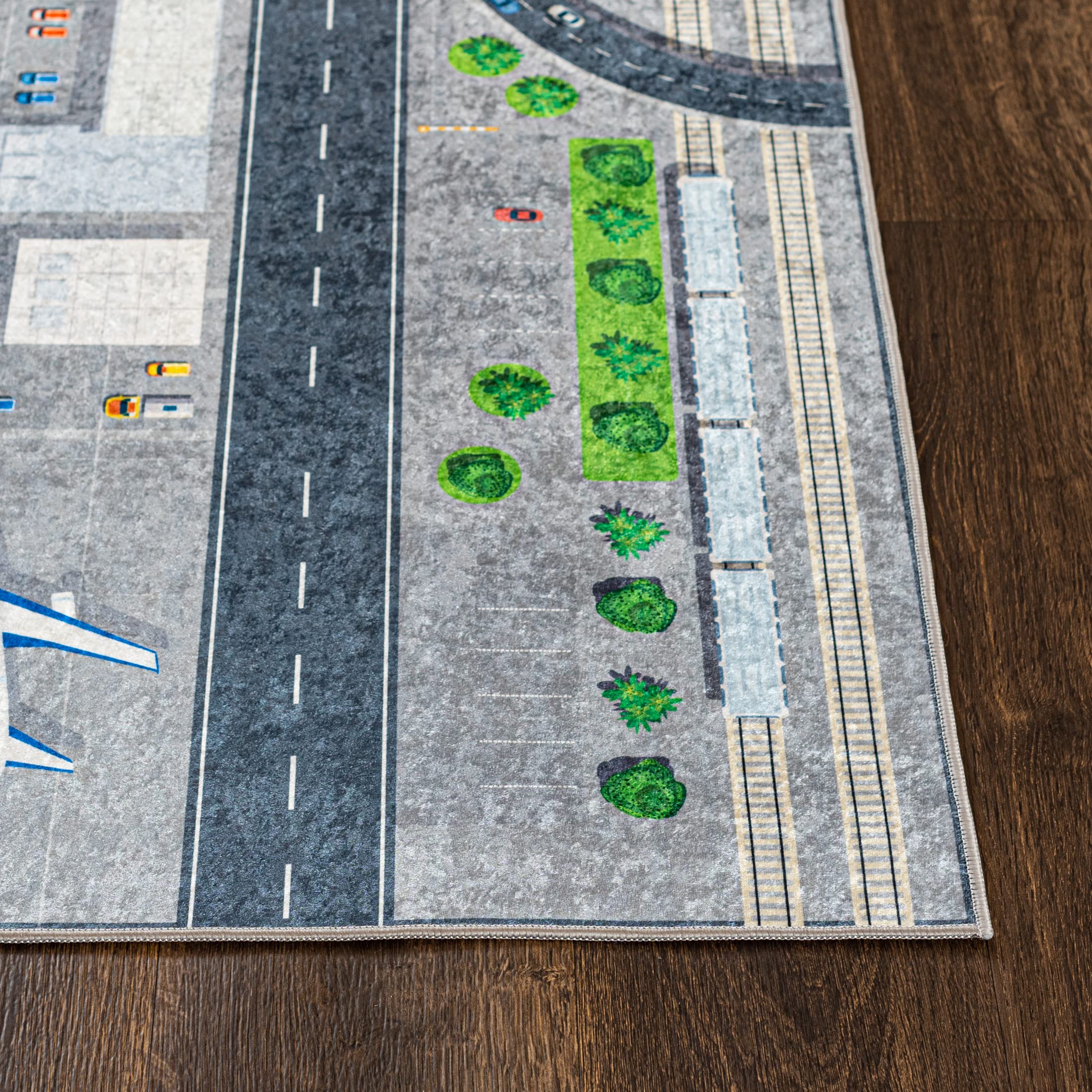 Mazovia Kinderzimmerteppich Antirutsch - Waschbar bis 30 Grad - Spielteppich Flugzeuge Flughafen - Kurzflor Kinderteppich für Kinderzimmer - ÖKO-TEX Zertifiziert - Grau 120 x 170 cm