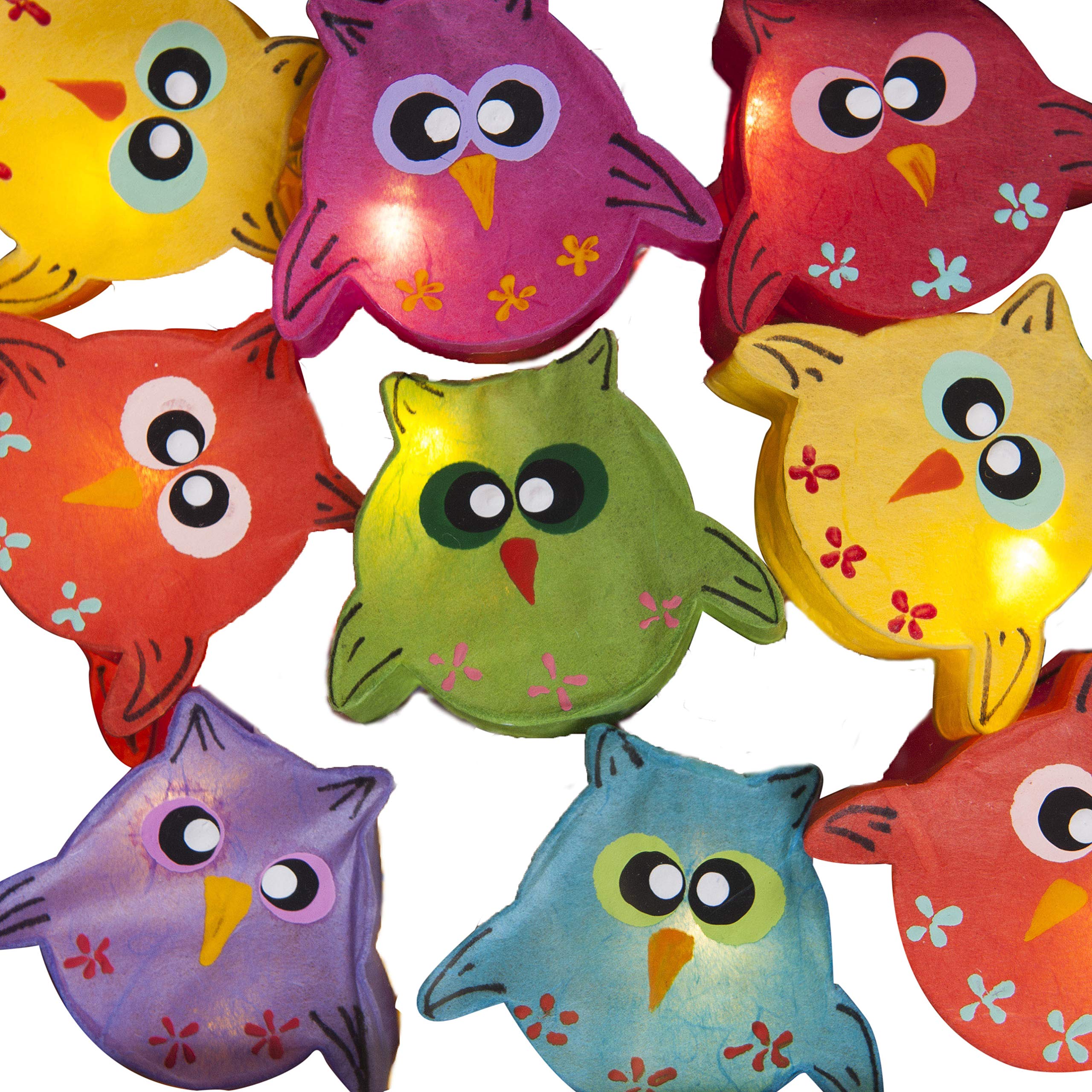 Blaze On Owl Fairy Lights (Rainbow) – 30 Warm White LED Lights – Handcrafted Translucent Owl Shapes – Hand-Screened Mulberry Paper – USB Powered and Includes UK 3–Pin USB Adapter