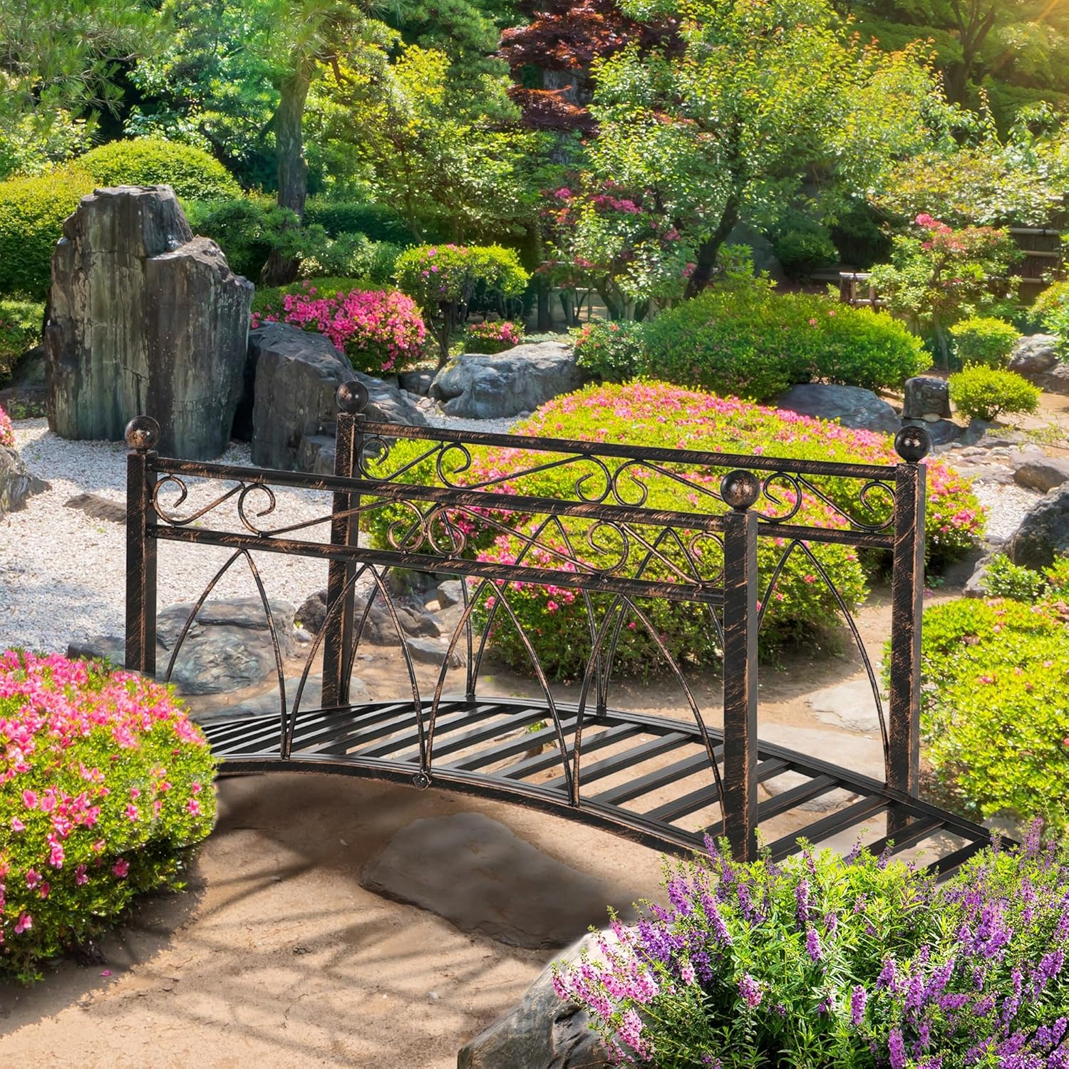 3.3FT Metal Garden Bridge with Safety Handrails Decorative Arch Footbridge for Pond Stream or Pathway Rustic Bronze Outdoor Accent with Scrollwork & Corner Spheres