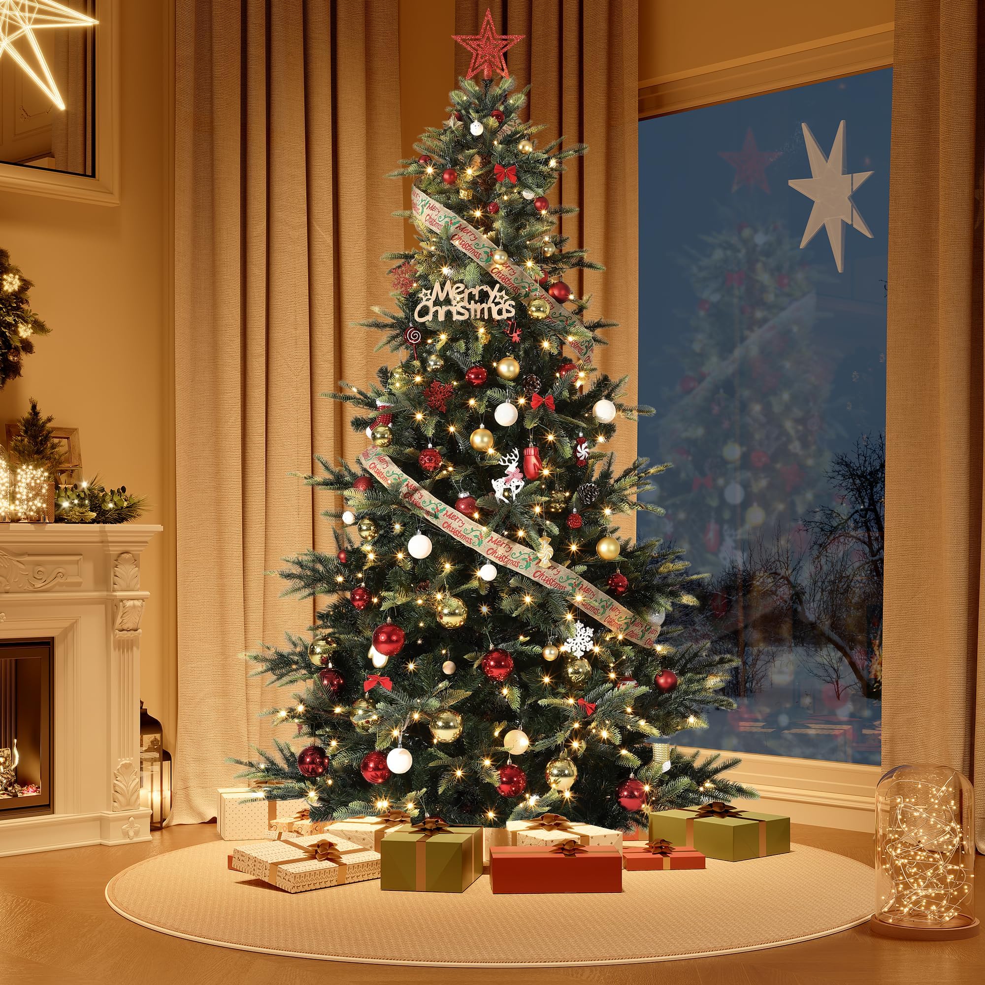 Garvee 6.5ft Prelit Artificial Christmas Tree with 280 Warm White Lights,Realistic Spruce PE & PVC Mixed Branches,Flame-Retardant Design,Auto-Spread Tips,Easy Assembly, Green