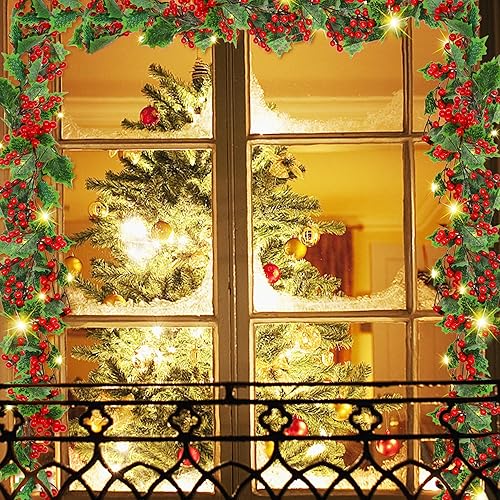Miniatura 7 de ATDAWN Guirnalda de Navidad iluminada de bayas rojas de 9 pies, guirnalda de Navidad con luces que funciona con pilas, guirnalda artificial flexible
