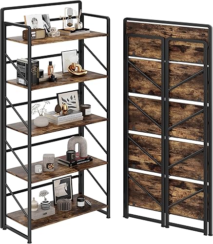 Miniatura 23 de JSB Estantería Plegable Sin Montaje, Estante de Libros de Metal Industrial de 5 Niveles para Almacenamiento, Librero Plegable de Madera Vintage para