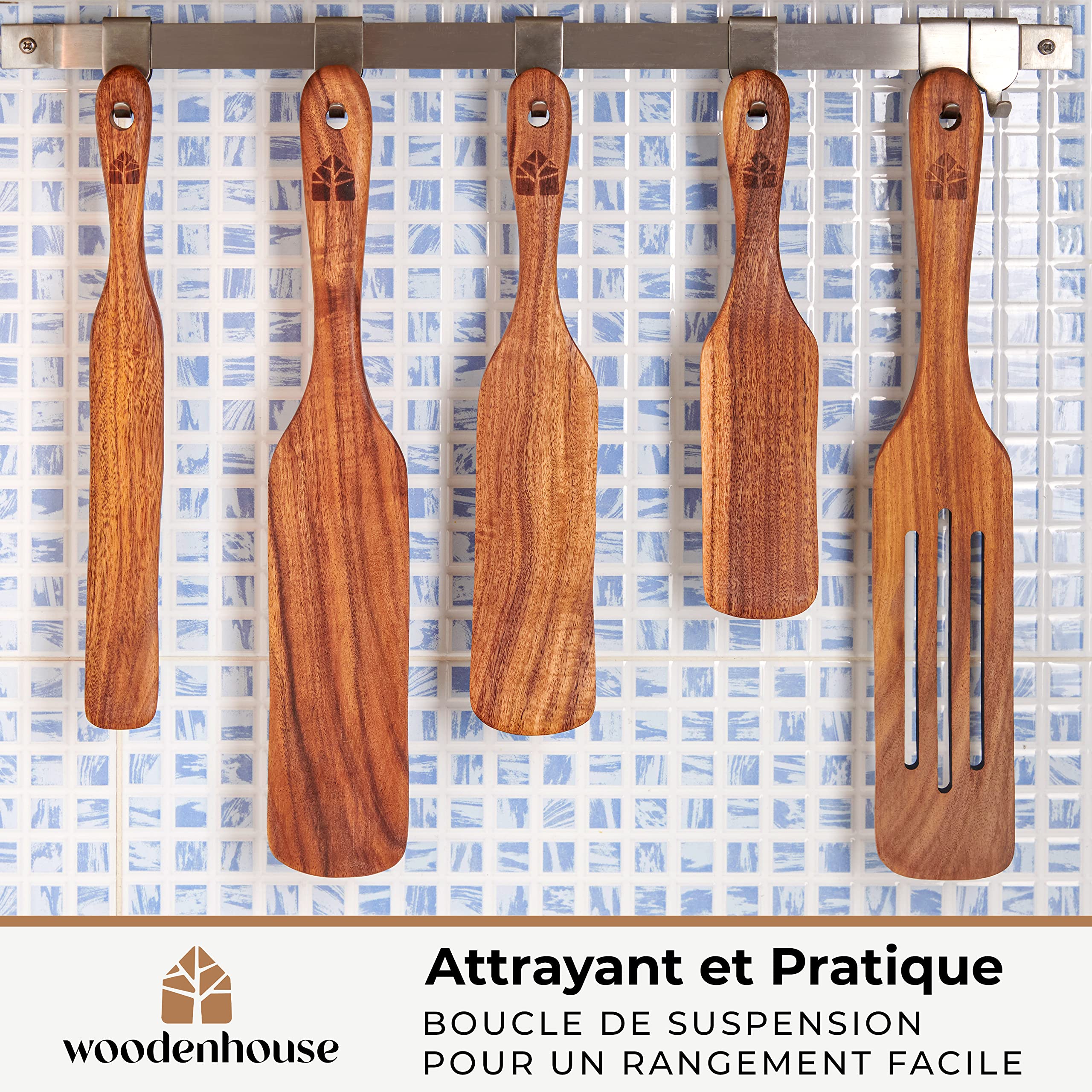 Spurtle en Bois - Lot de 5 Ustensiles de Cuisine Bois Anti-Rayures - 5 Spatules Longues pour Mélanger, Retourner, Gratter et Servir Vos Plats - Spatule Bois Cuisine en Teck, Facile à Nettoyer
