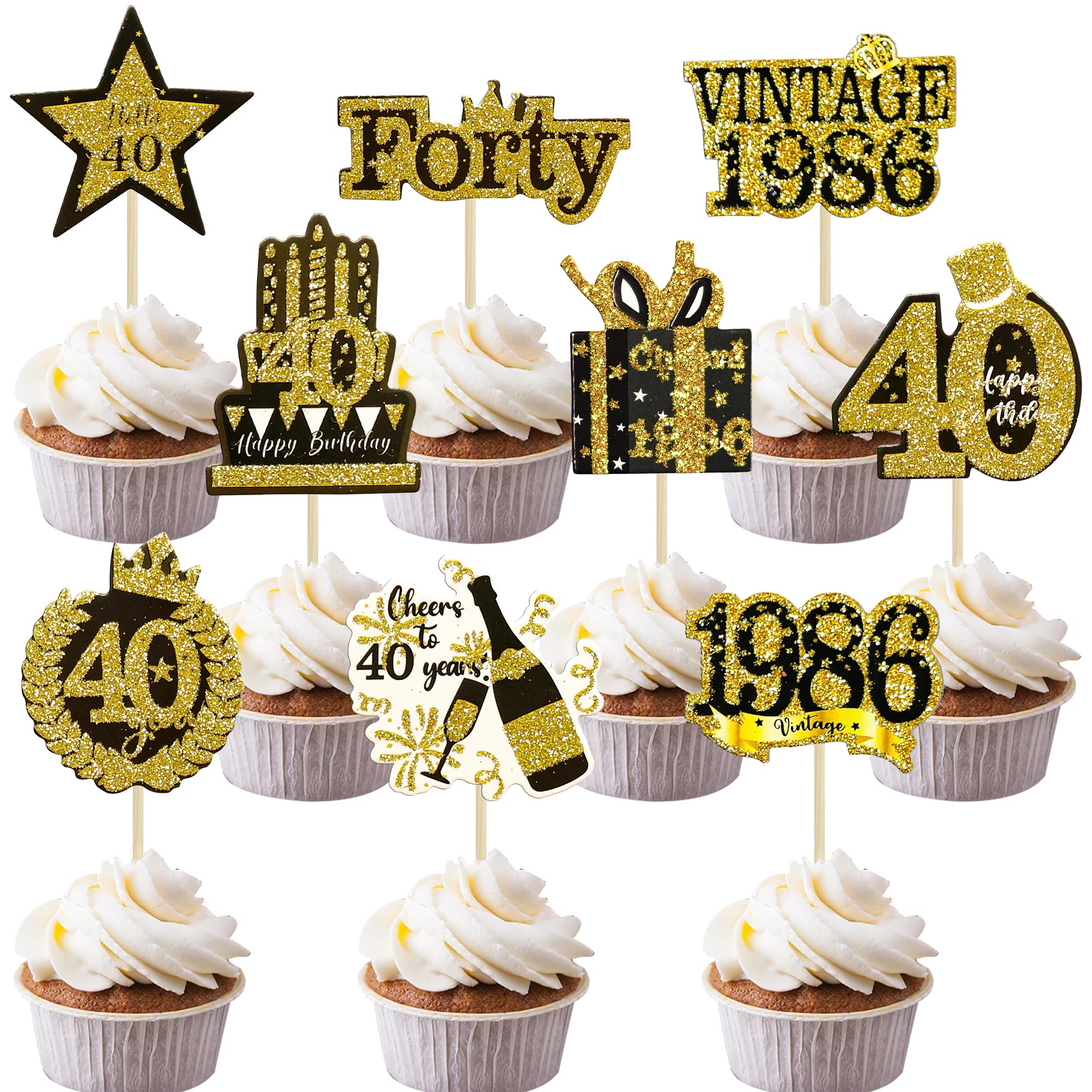Gyufise 36Pcs Happy 40th Birthday Cupcake Toppers Glitter Black Gold Forty Hello 40 Vintage 1986 Cupcake Picks Cheers to 40 Years 40 Fabulous Cake Decorations for 40th Birthday Party Supplies