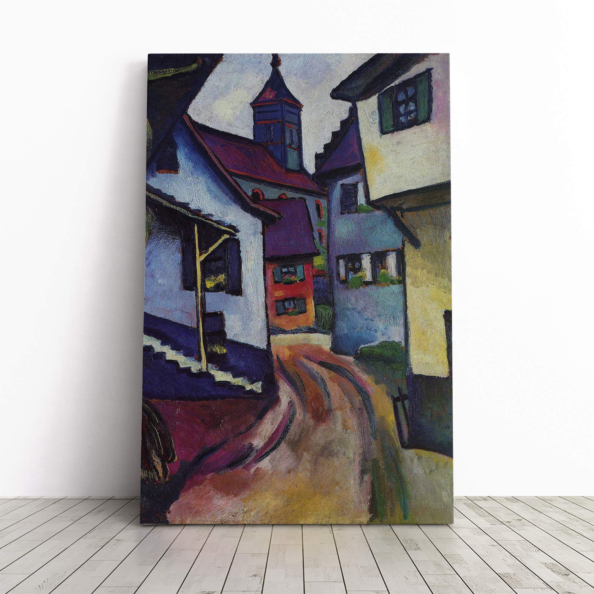 August Macke Street with Church Canvas Print | Gallery Wrapped 30mm Frame Wall Art | 30x20 inches | Ready to Hang | Modern Cityscape Picture | Living Room Bedroom Lounge Office