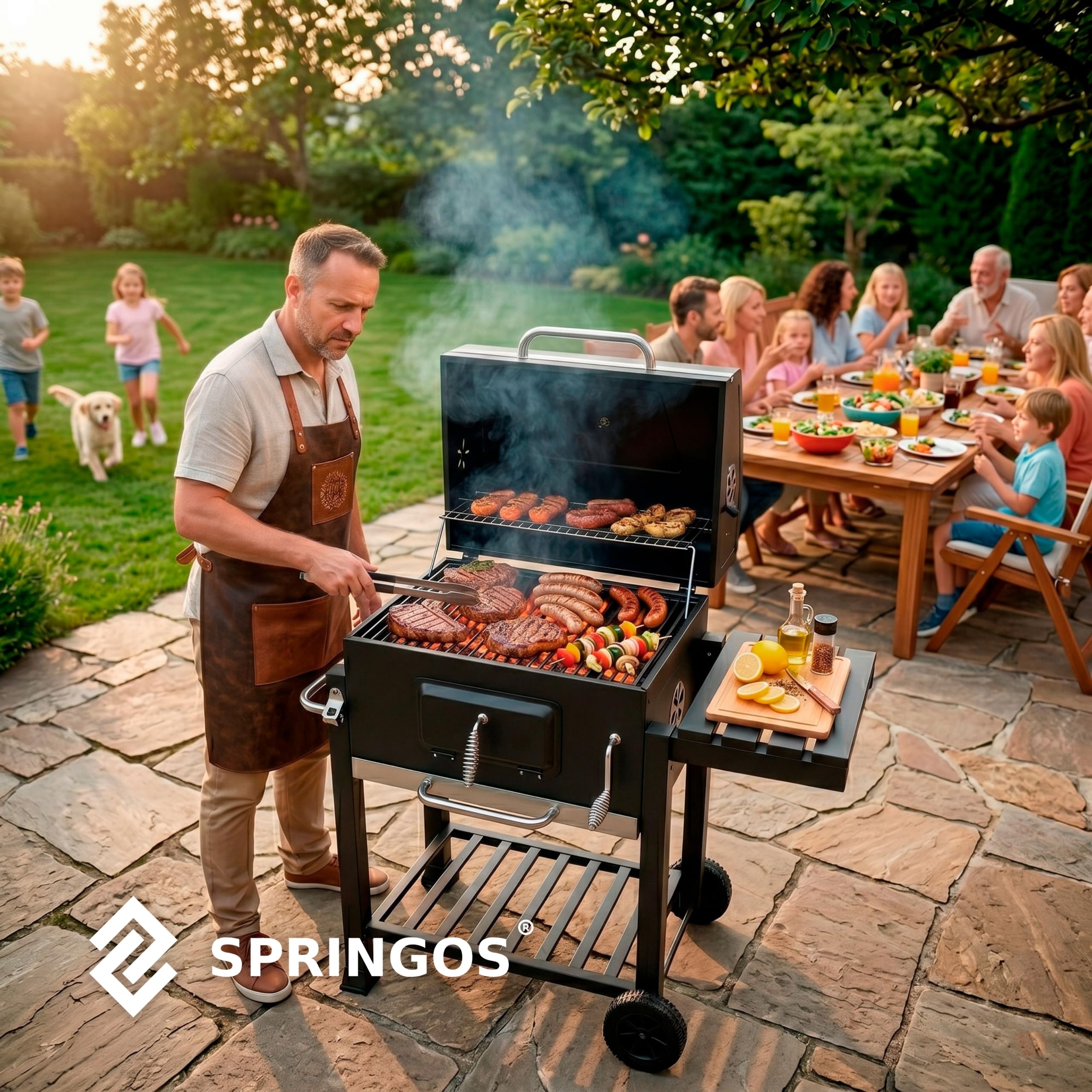 Holzkohlegrill Grillwagen BBQ Smoker mit Deckel Thermometer Höhenverstellbarer Kohlerost Fahrbarer Gartengrill mit Ablagen Flaschenöffner Rollen Camping SPRINGOS